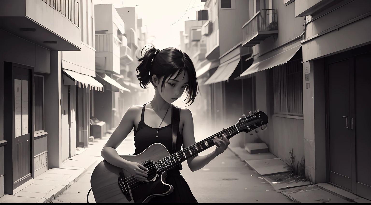 a girl, have a six string guitar, in the deserted local city, monochrome, abstract painting