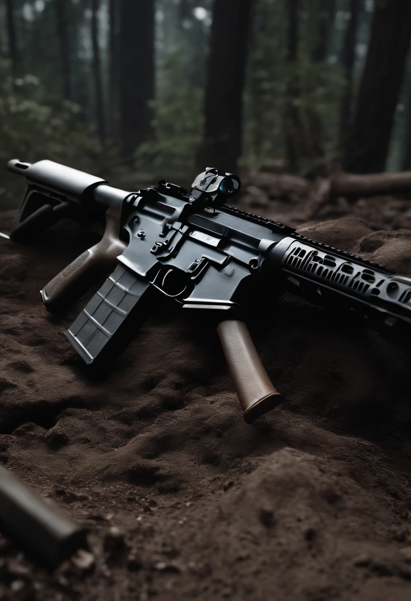 gun m416, ultra clear 3d mote, background dark fire destroyed places, gun view 30 degree angel