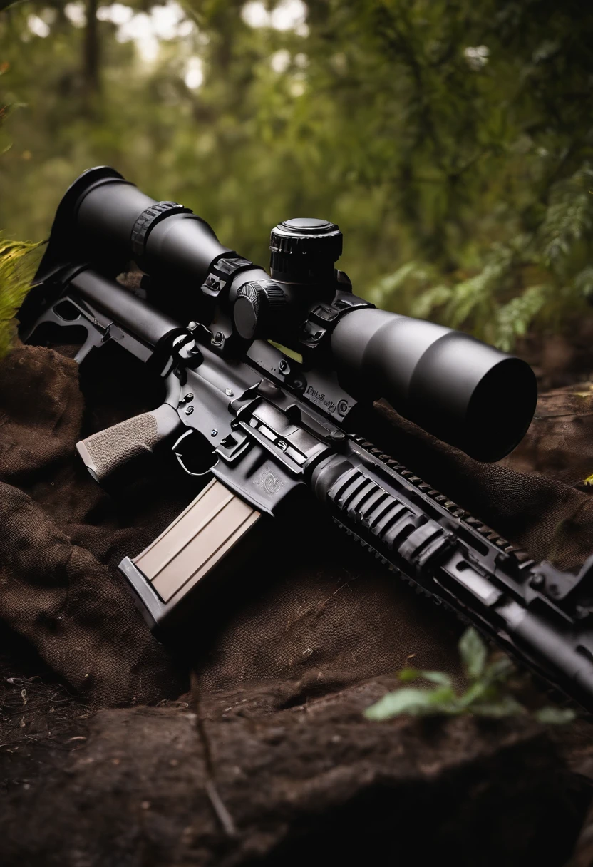 gun m416, ultra clear 3d mote, background dark fire destroyed places, gun view 30 degree angel