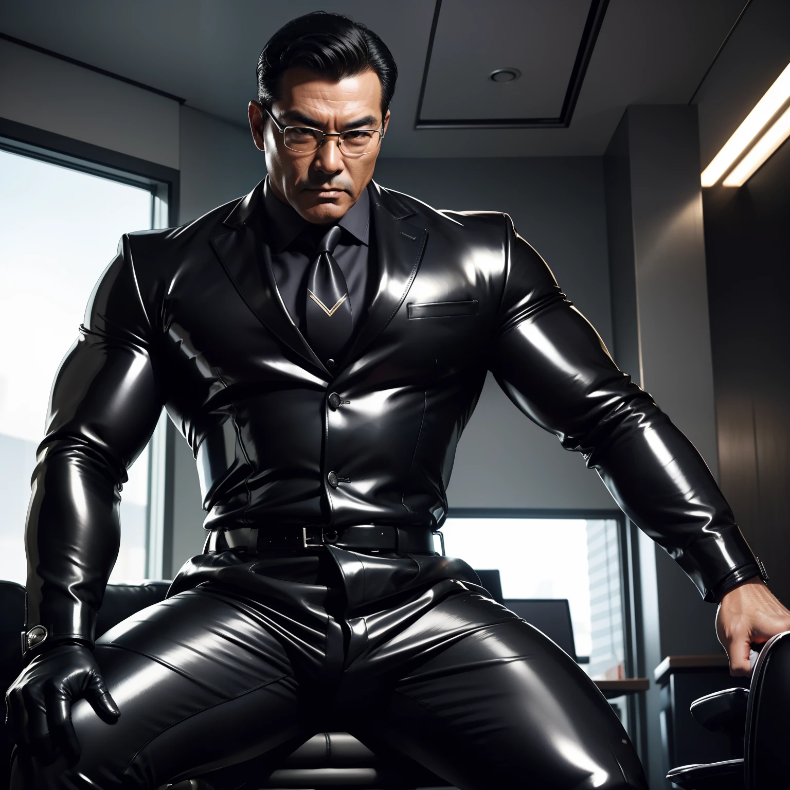 50 years old,daddy,shiny suit sit down,k hd,in the office,muscle, gay ,black hair,asia face,masculine,strong man,the boss is,handsome,sex,leather gloves,lecherous dad,look straight ahead,Dad is erection,Dad wears glasses