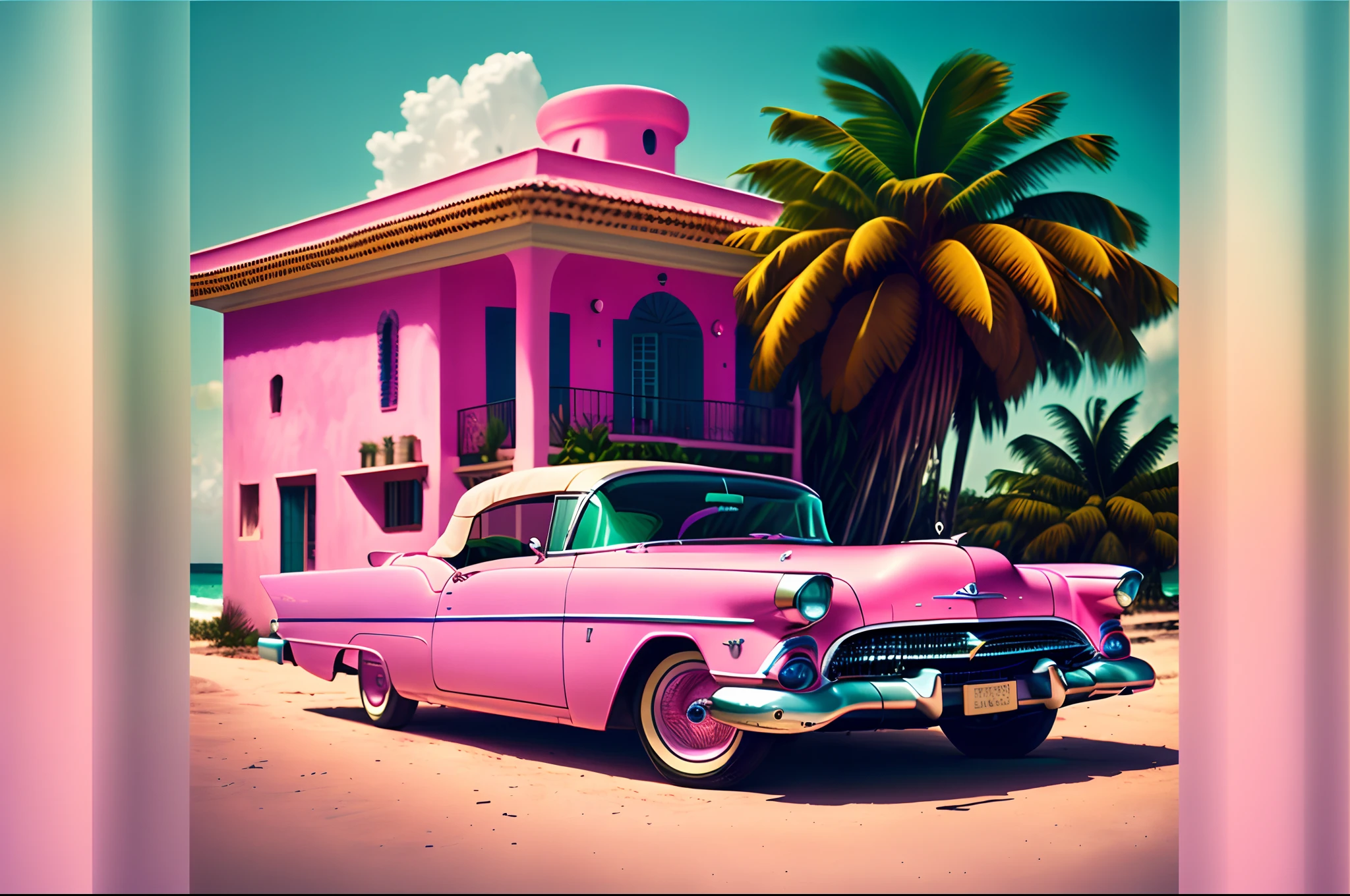 [(Hassleblad H6D-400c)], [(Medium format image)],[(Dreamy)],[(400 mega pixels)], (Photorealistic:1.4), (Raw photo:1.2), (8K), (masutepiece:1.3), (Realistic), (Hyper-realistic), Ultra-detailed, Illustration, very_high_Realistic:1.5 ,very_high_resolution:1.5, nffsw, nffsw, Unity, 8K Wallpaper, amazing ,finely detail, Official art, Highly detailed ticker Unity 8K wallpaper, (Best Quality), Ultra-detailed, Cuba along the coast, Palm Tree,Colorful Cuban House, 1 convertible,Cadillac Eldorado,Biarritz 1959 Convertible,(Polished Shain' Pink Car),