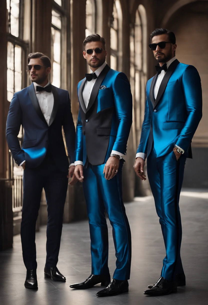 Create a smart two-piece garment that transforms into a futuristic style for men in tailoring in very extravagant blue and metallic tones