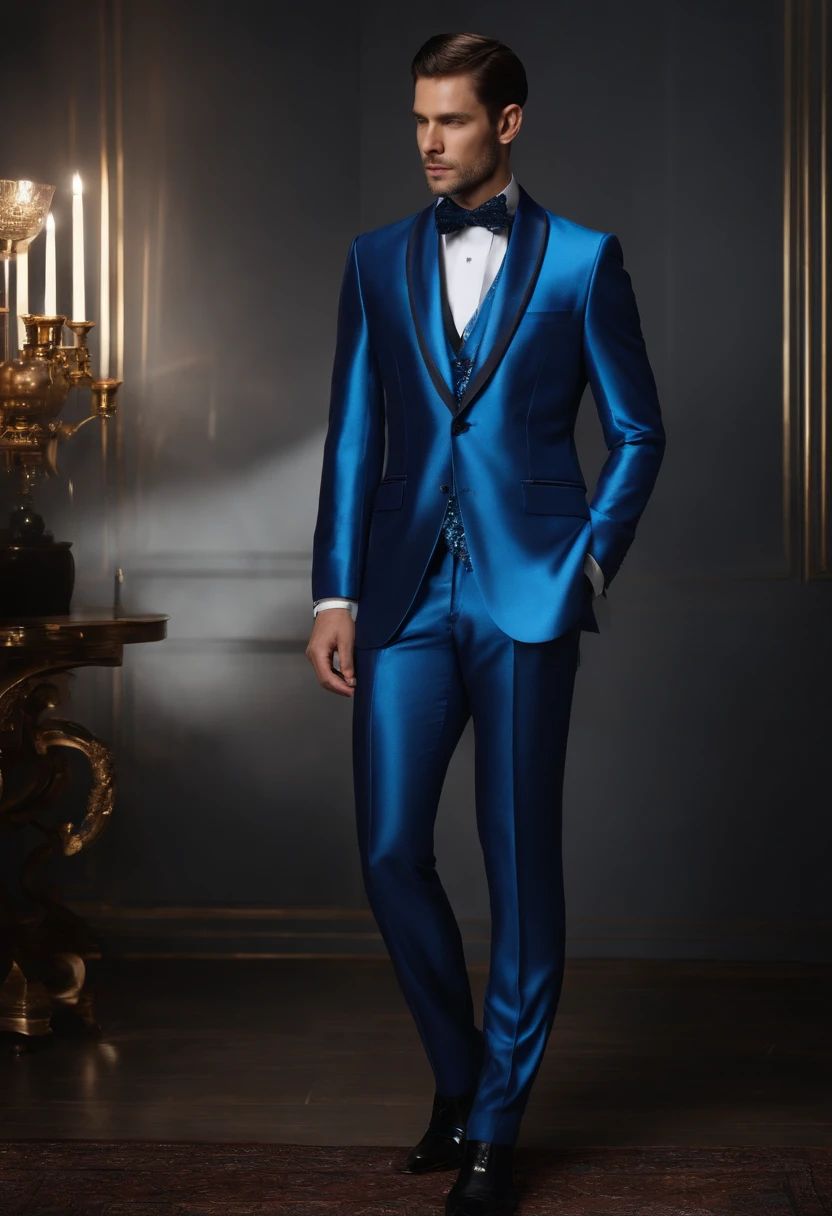 Create a smart two-piece garment that transforms into a futuristic style for men in tailoring in very extravagant blue and metallic tones
