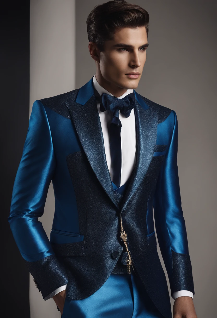 Create a smart two-piece garment that transforms into a futuristic style for men in tailoring in very extravagant blue and metallic tones