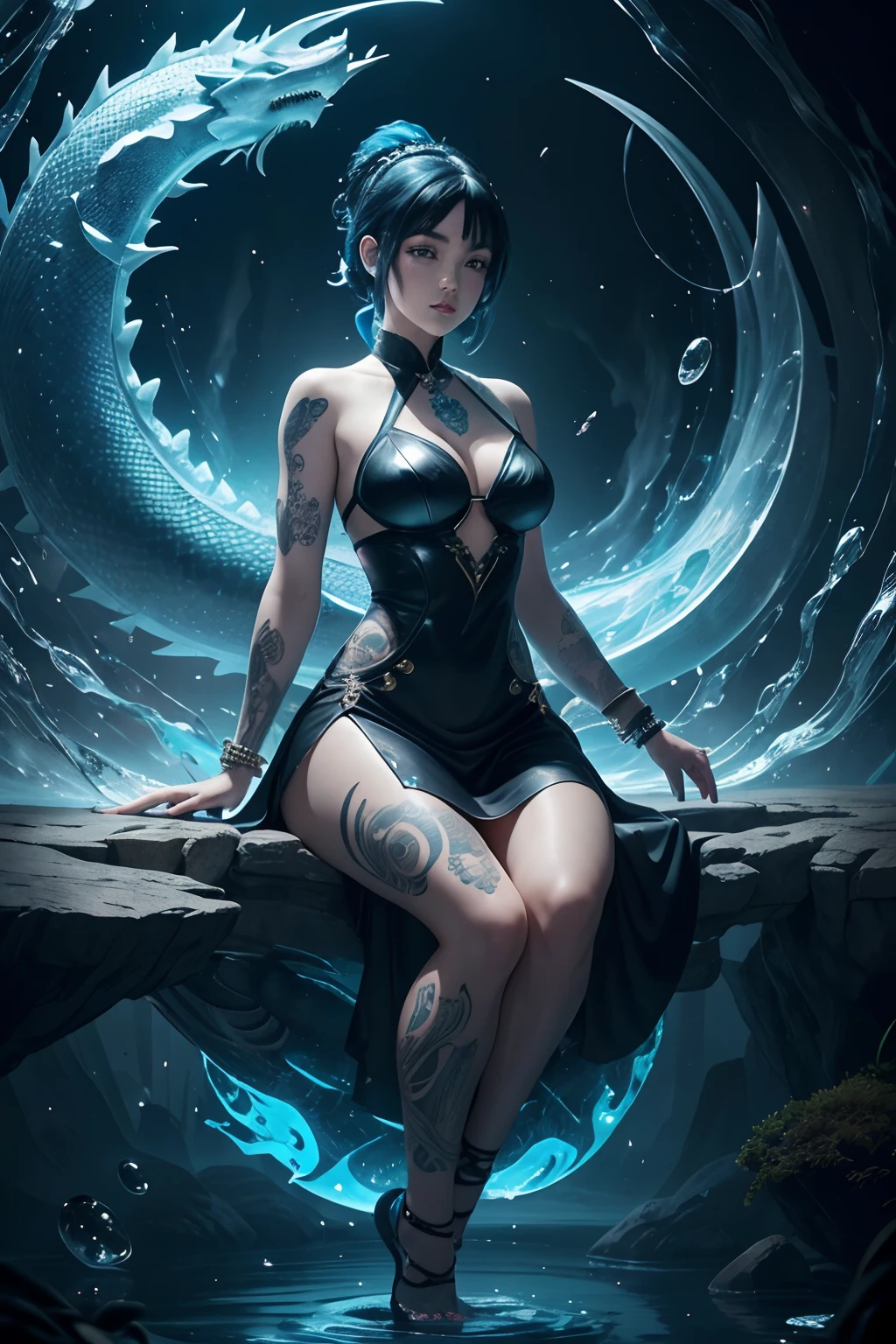 1 girl, balance, yinyang, hydro dragon background, tattoo, water, light, mythical, short dress, accessories, jewellery, blue hair, black hair,  freckles, cute, ultra high quality