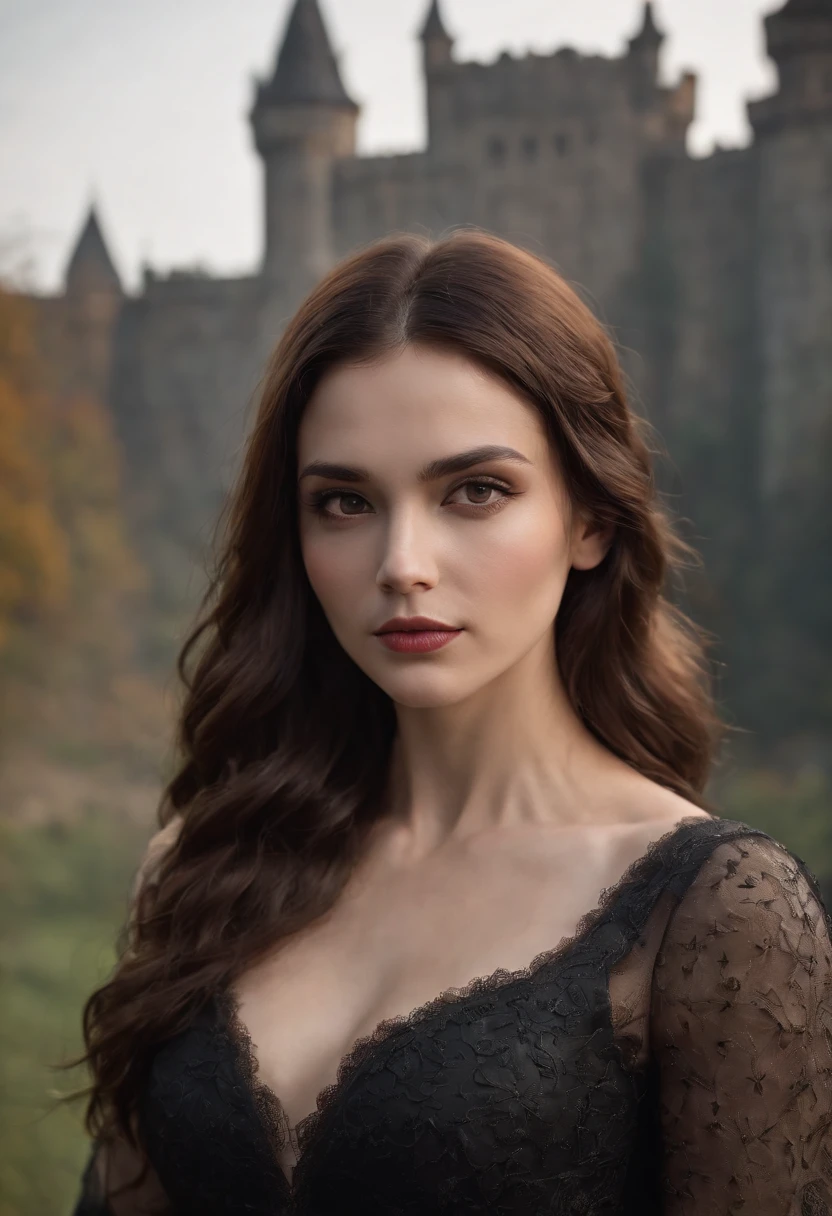 (best quality,4k,8k,highres,masterpiece:1.2), ultra-detailed, realistic:1.37, muscular,girl,gothic castle backdrop, soft candlelight, dark style, portrait style,detailed eyes,detailed lips,long eyelashes, intimidating presence, strong physique, mysterious expression, flowing dark hair, dramatic lighting, haunting atmosphere