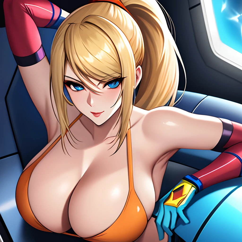 narrow waist, looking at viewer, seductive posture, sexy pose, alluring, clean, beautiful face, pure face, pale skin, samus, mole, ponytail, (blue eyes), inside a spaceship, big breasts, wearing an orange bikini