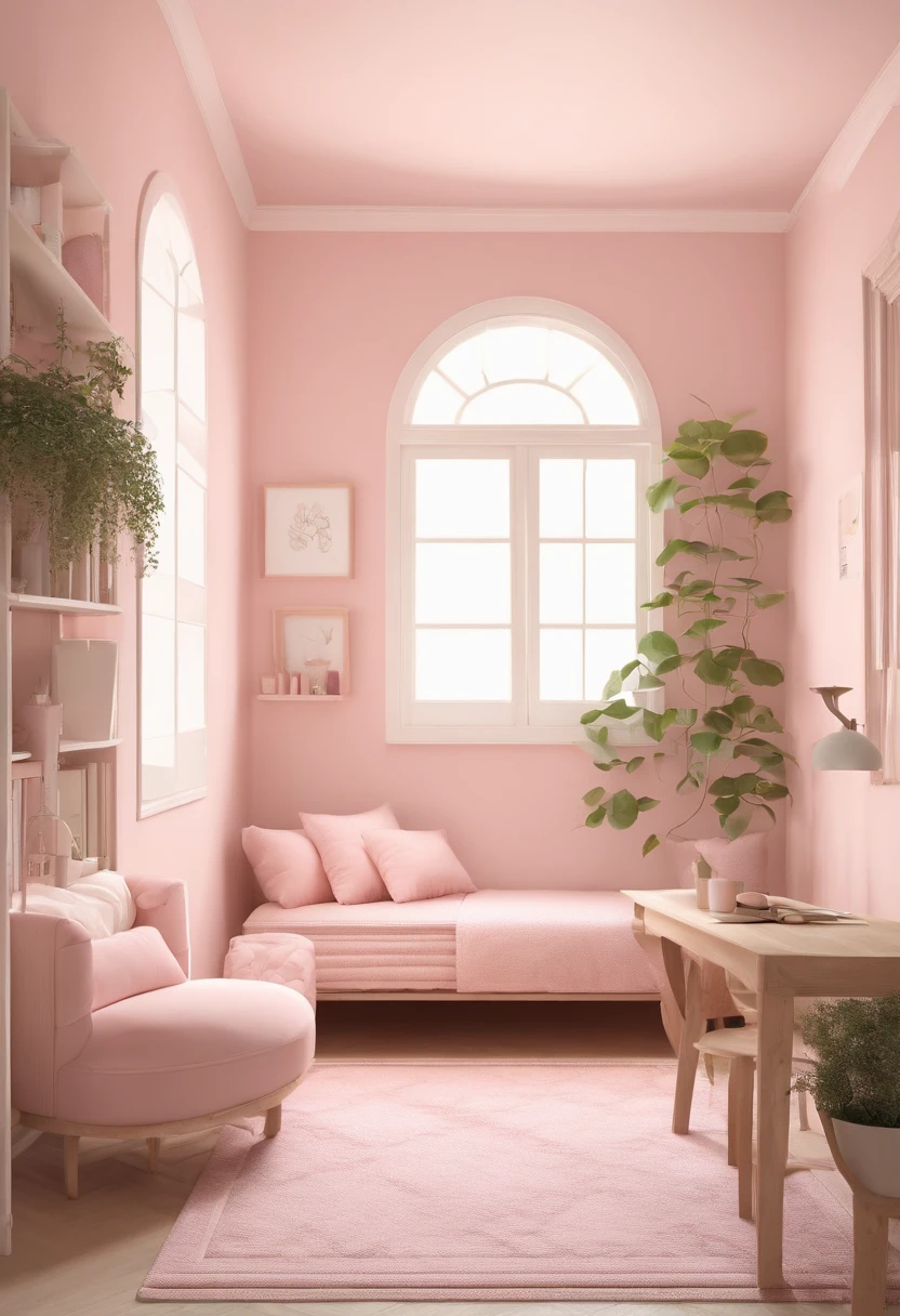 "Descreva um quarto low poly em tons de rosa para Mimi. The room is simple and minimalist, com paredes suaves em tons de rosa pastel. There is a low bed in the center of the room, with pale pink linens and matching pillows. A small table with a pink chair is against one of the walls, e sobre ela, There's an open laptop and a glass of strawberry juice. On the wall opposite the bed, There is a bookcase with some pink books and decorative objects, como um vaso de flores rosa. A luz suave do entardecer entra pela janela, criando um ambiente aconchegante e sereno. The floor is light wood, and the room exudes a sense of calm and tranquility."