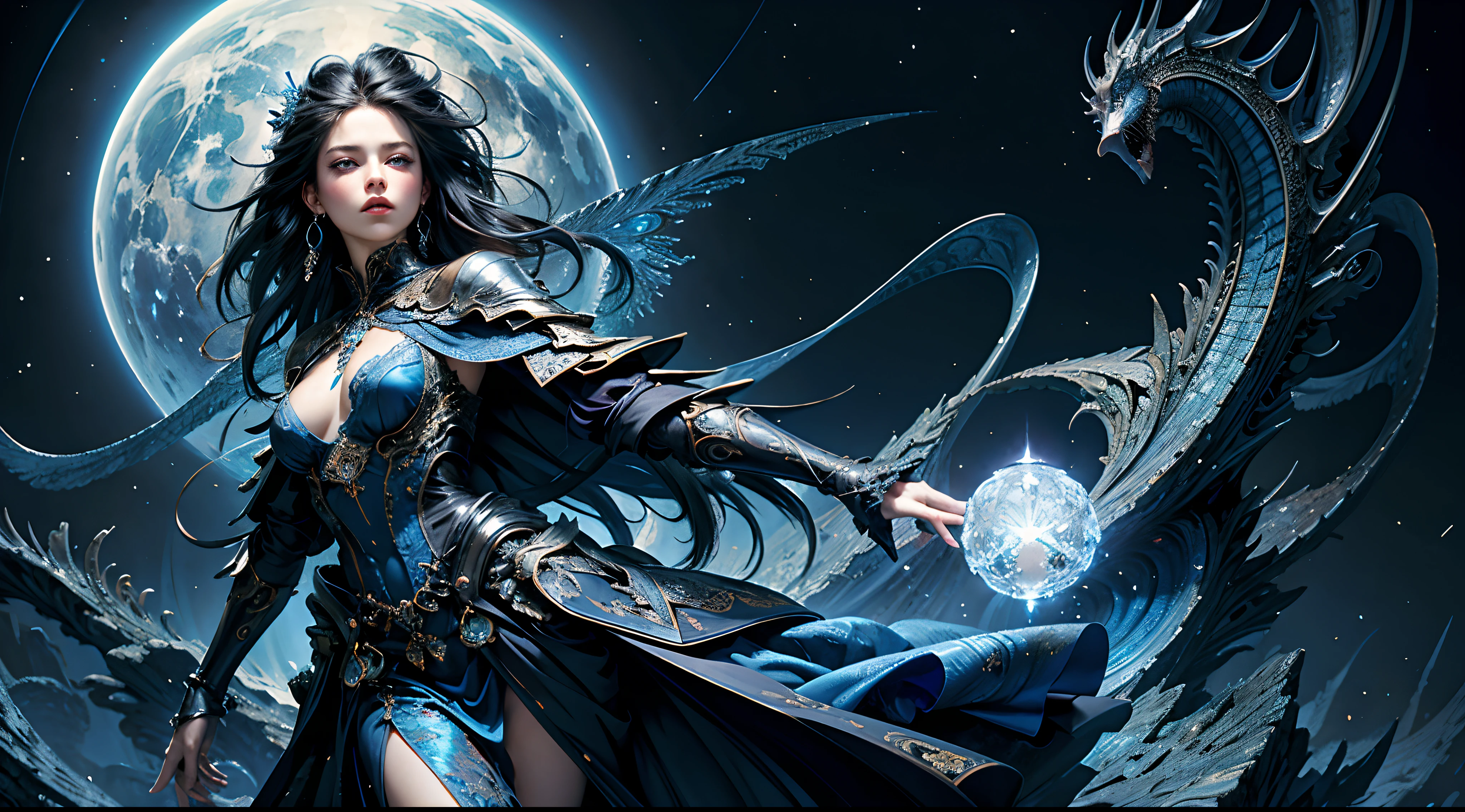 (masterpiece, top quality, best quality, official art, beautiful and aesthetic:1.2), (1girl), extreme detailed,(fractal art:1.3), highest detailed, black hair, blue eyes, pale skin, wizard, silk dress, blue clothes, silver jewelry