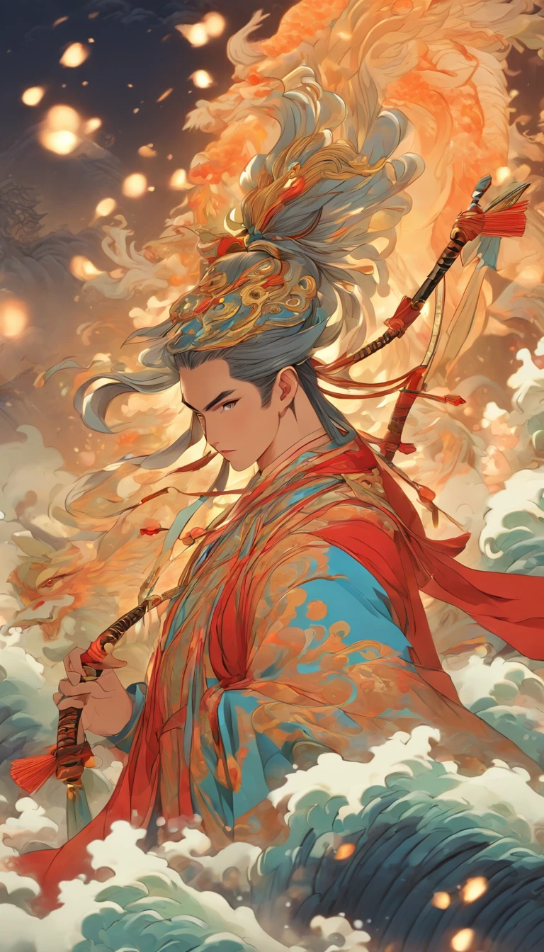 ((Chinese Man))) best quality, ultra-high resolution, 4K detailed CG, master piece,Houyi,Man, Chinese God,Hanfu costume, Chinese mythology, ((Bow and Arrow)),Chinese painting style,Shui Mo Hua,Thangka style, aesthetic, ukiyo painting, canvas-centered