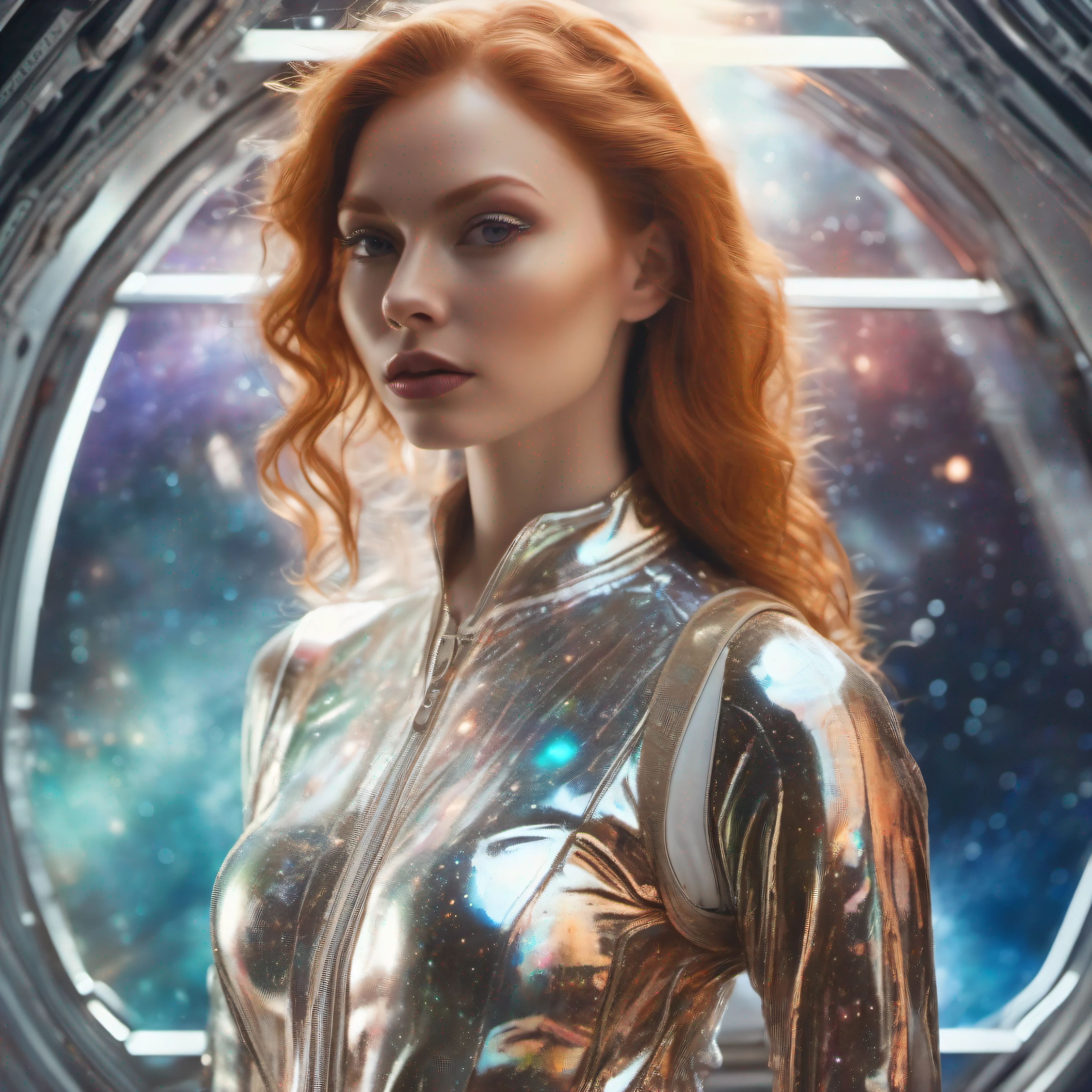 shot of gorgeous ginger woman with tight white holographic jumpsuit, glass window of a spaceship showing the galaxy as background, midshot, glossy holographic jumpsuit, very detailed face, incredibly detailed face, focus on face, very beautiful woman, best quality, best resolution, DSLR camera, year 2222