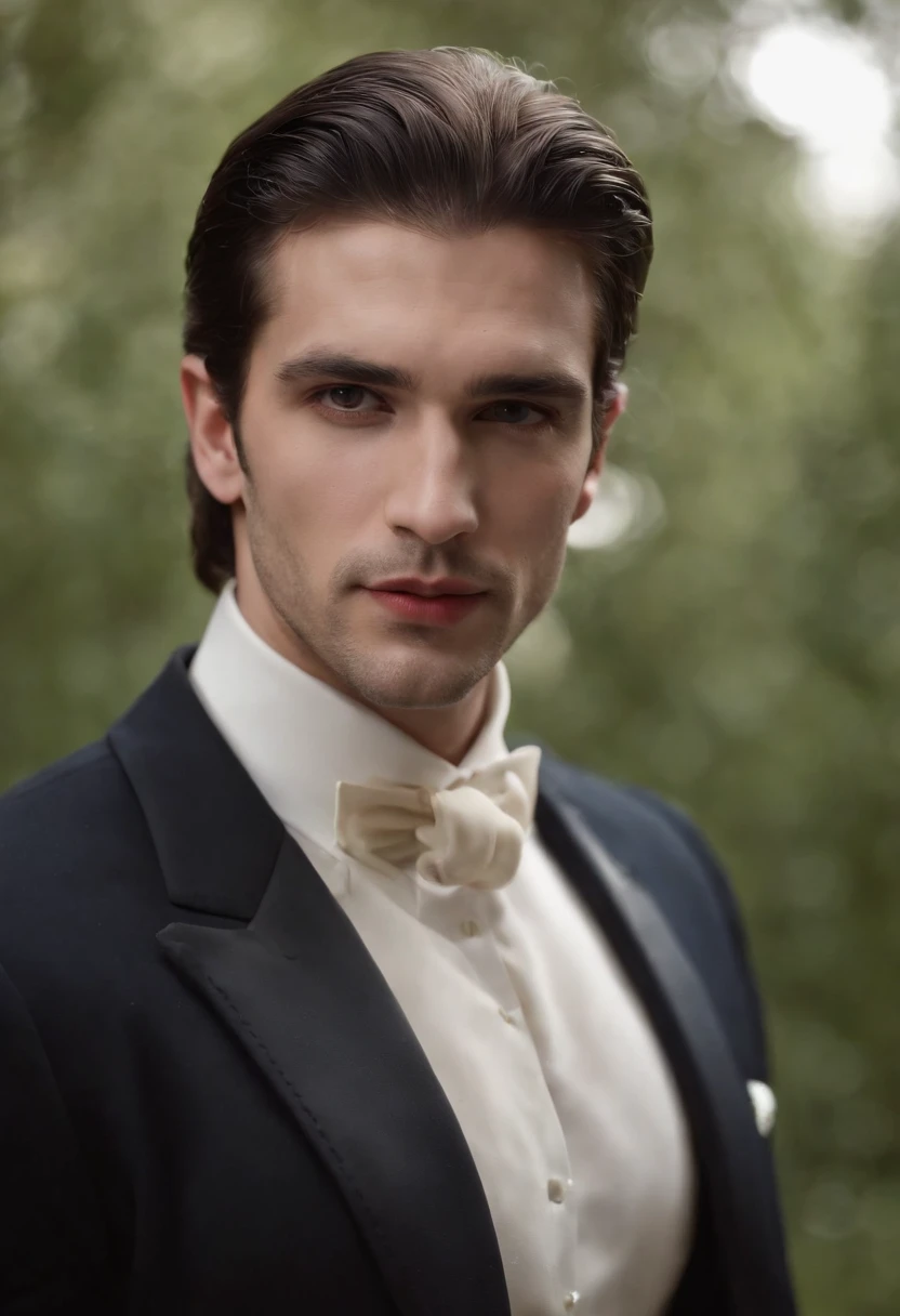 "(melhor qualidade,alto:1.2),Create a Dracula with long, cabelos cheios, Foto posada, ar sombrio, Dentes de vampiro afiados com uma gota de sangue escorrendo de sua boca, Blazer masculino aberto,corpo em forma