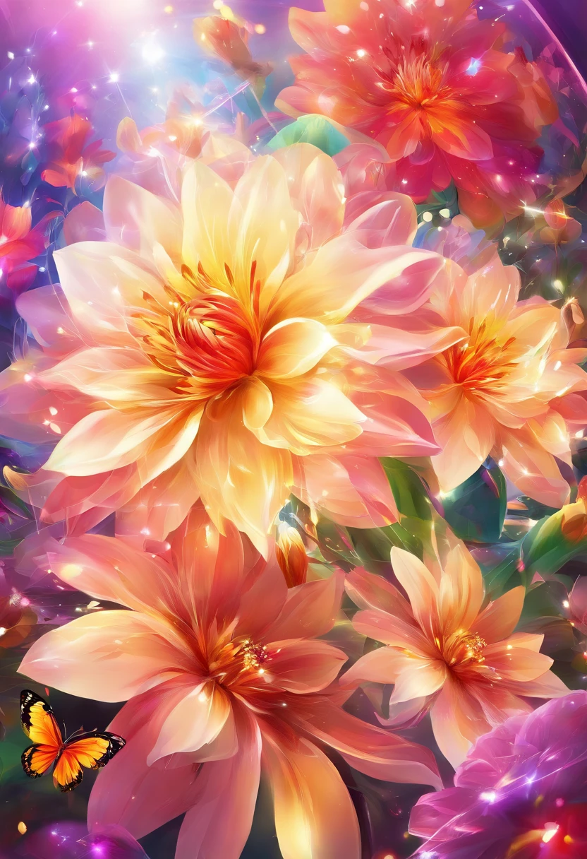 Digital art detailed for the best masterpieces, Highest Quality, with sparkling delicate yellow and pink dahlia flowers with elegant leaves,、Flowers against the background of colorful diamonds, Graceful stems, And delicate, And elegant, flowey, Glittering petals, flowercore, surrounded flower, Radiant magic representing flowers, Beautiful animations, Luminous flowers, Beautiful Art U Hard Disk 4k, Detailed Painting in 4K, Beautiful flowers and crystals, Luminous flowers, huge flower, light bloom, full bloom, Glowing flowers with bloom ether effect, Magic colorful flowers with flower pieces in the middle of the garden, floral environment, Beautiful Art U Hard Disk 4k, magical flowers, Flower explosion, Beautiful digital painting detailed in emergency digital photography, Detailed Painting in 4K, background artwork, Flower explosion, Floral flower color, highly-detailed digital painting, Appeared in 4K, Best Quality, hight resolution, 1080p, hard disk, 4K, 8K, 16 K