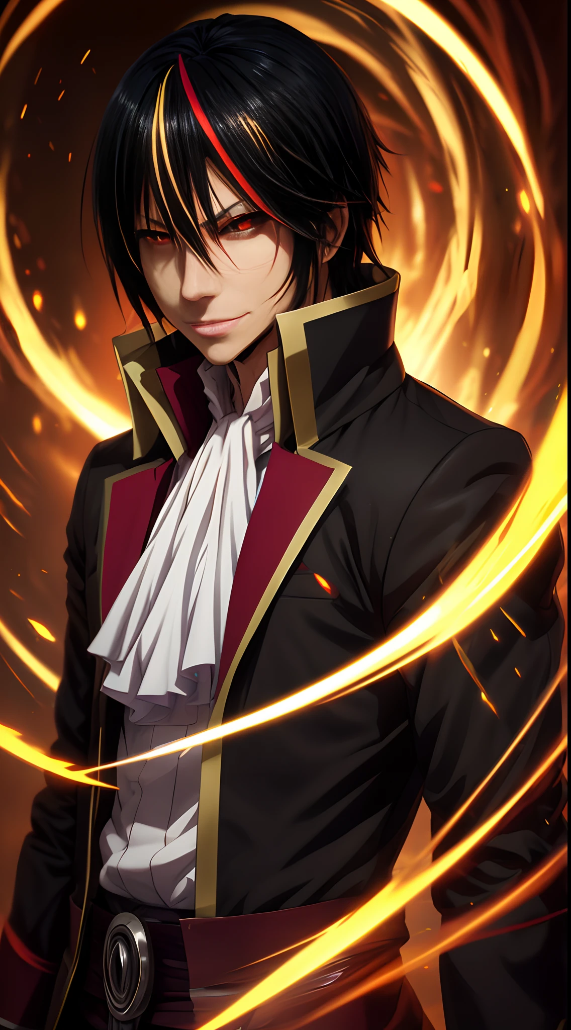 Male focus, 1man, solo, bright red eyes, gold pupil, multi coloured hair, Anime character, Diablo, Tensei shitara Slime Datta ken, demon, dark energy, primordial demon, dinamic lighting, vivid colours, ultra detailed, dramatic background,