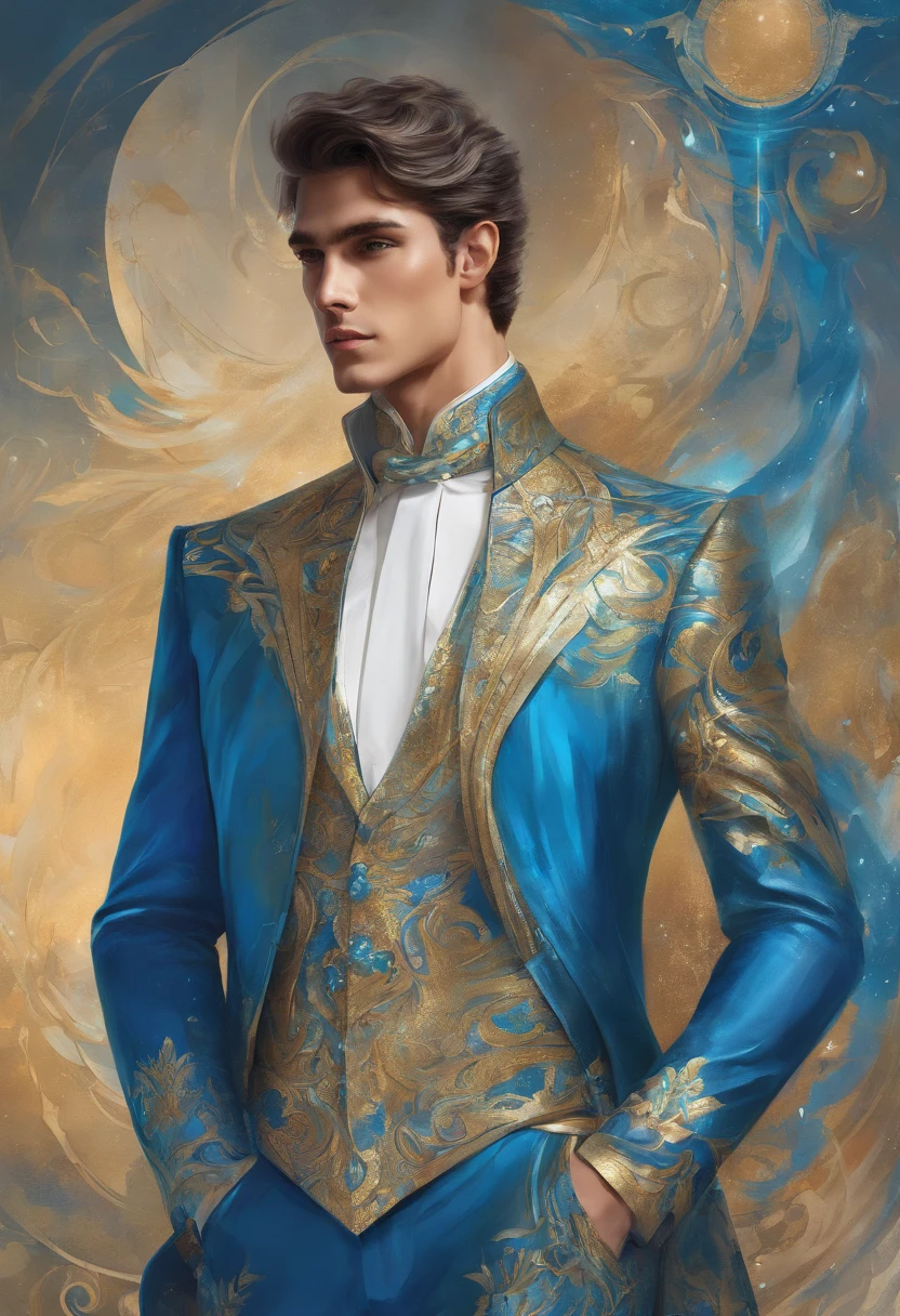 Create a smart two-piece garment that transforms into a futuristic style for men in tailoring in very extravagant blue and metallic tones