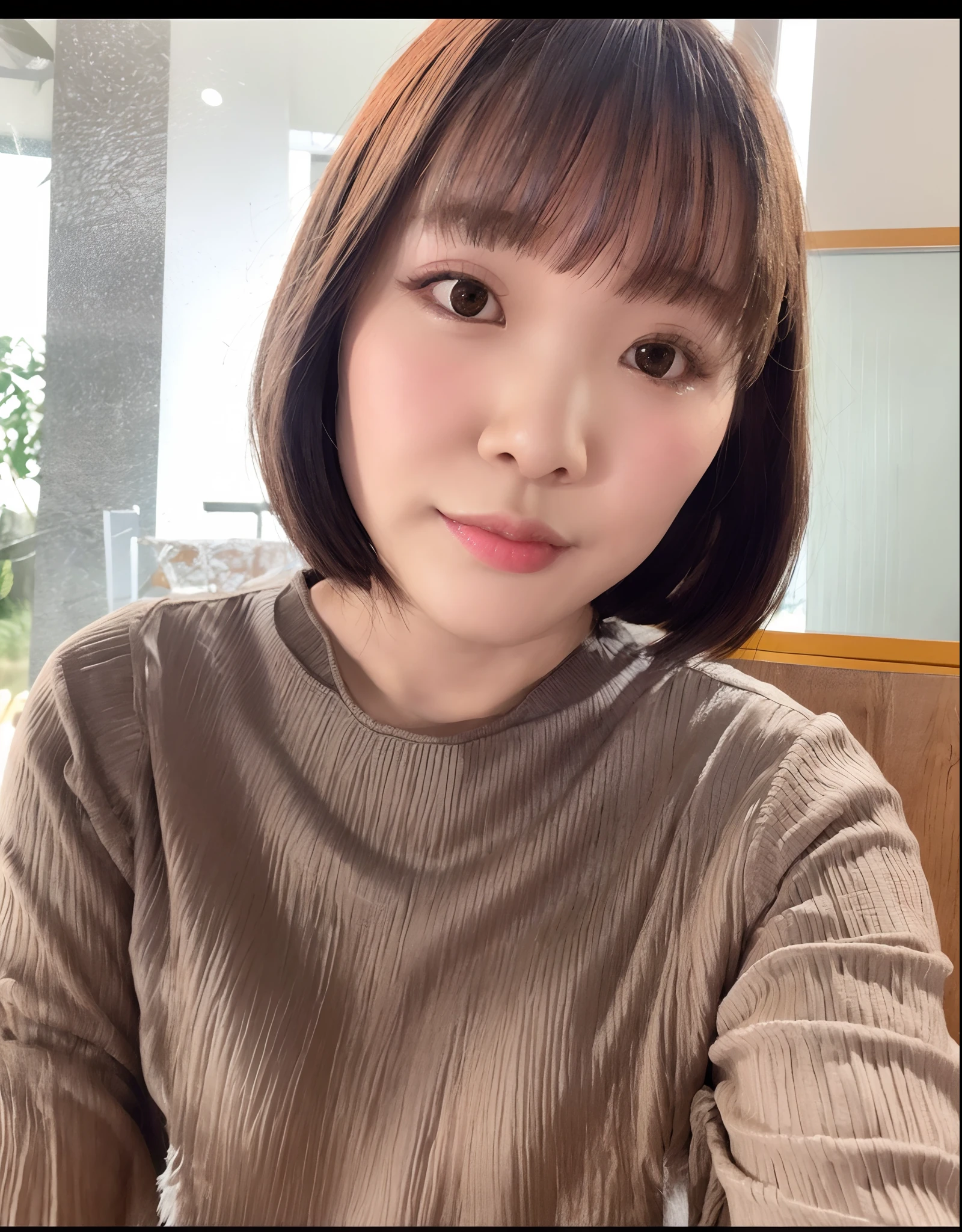 There was a woman sitting at the table,Carrying a plate of food, with short hair, headshot profile picture, dang my linh, mai anh tran, chiho, With bangs, hime-cut, south east asian with round face, short detailed hair,By bangs, Ruan cute vtuber, young cute wan asian face, 🤤 girl portrait