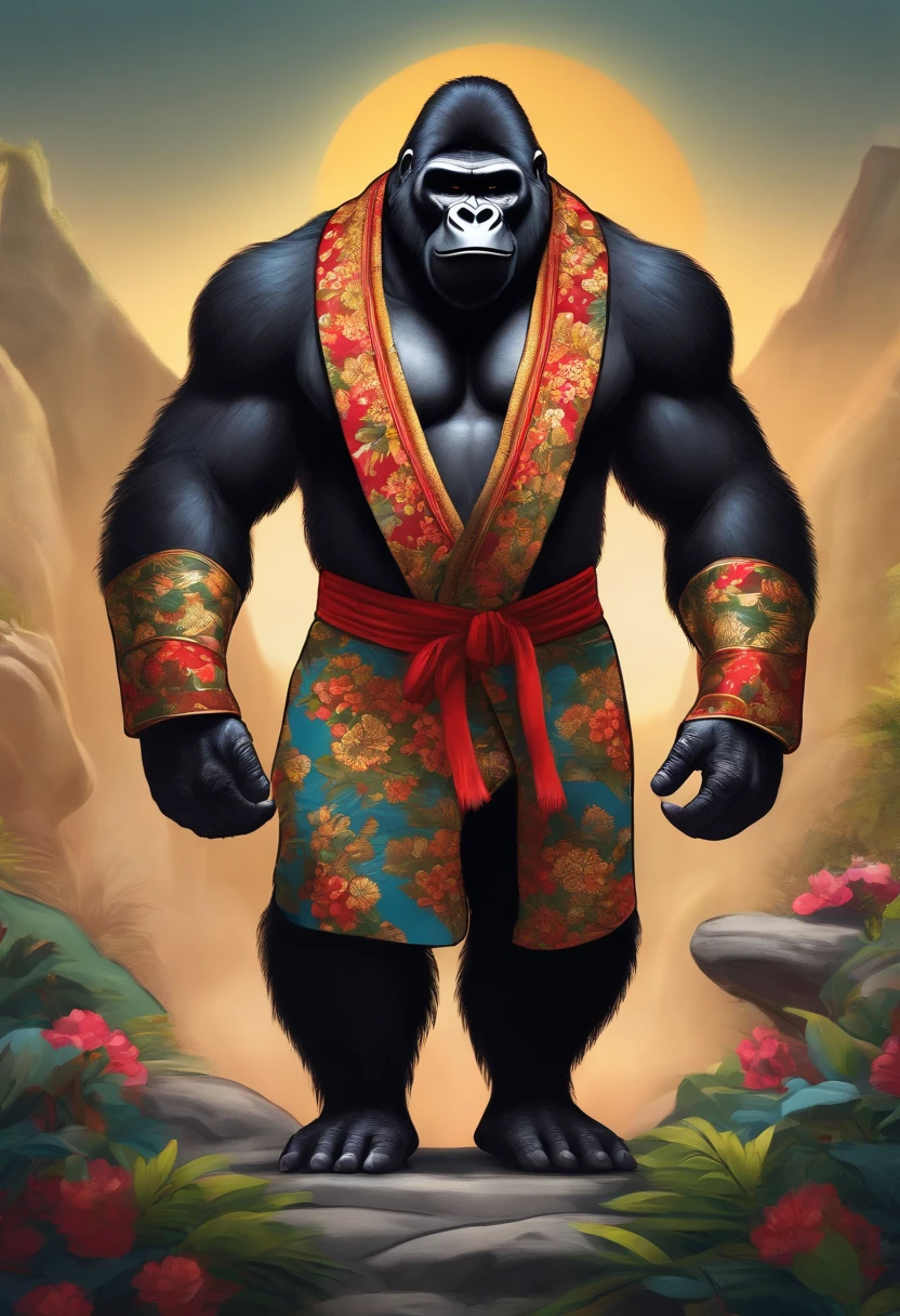 A strong standing gorilla guy in bad kimono dress cartoon style