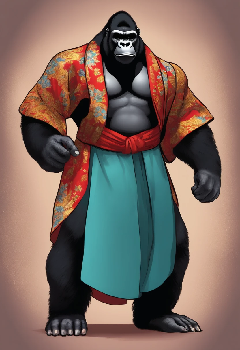 A strong standing gorilla guy in bad kimono dress cartoon style