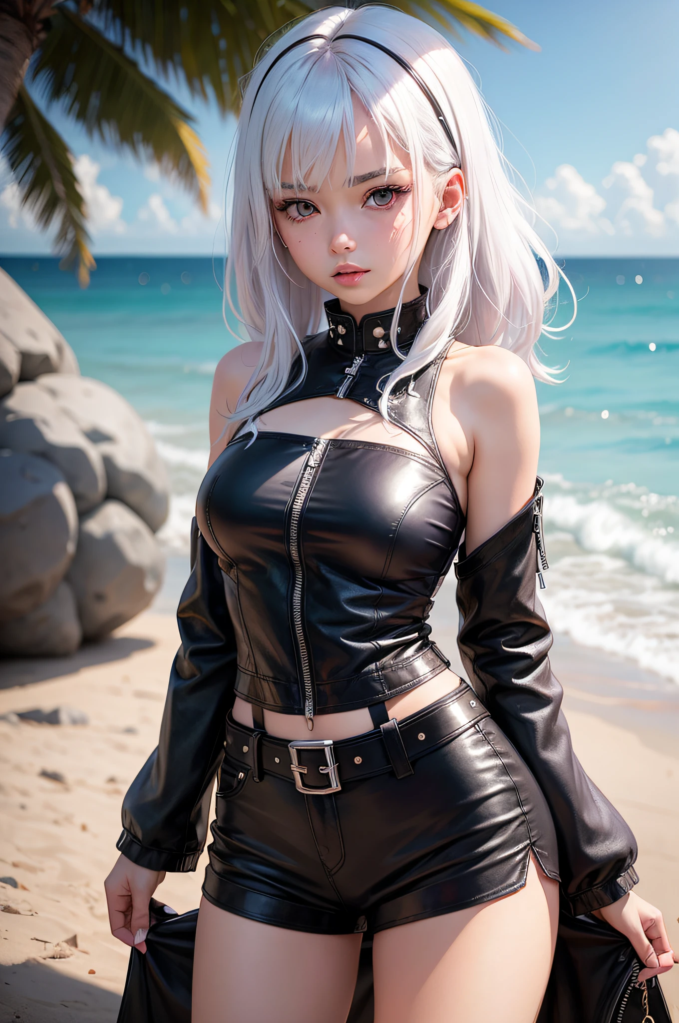 realistic, 1girl, 20 years old white hair, purple eyes, glowing eyes, cropped top, leather shorts, leather jacket, rivet belts, parted lips, blush, night, flowers, sun, sunlight, cheongsam, medium length hair, real, warm color, background color light color, day environment, bright color background, beach, ocean, cute,