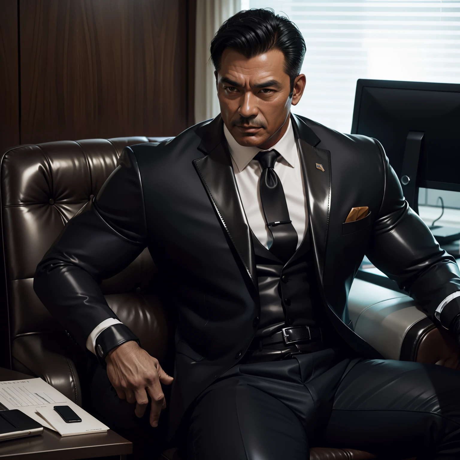 50 years old,daddy,shiny suit sit down,k hd,in the office,muscle, gay ,black hair,asia face,masculine,strong man,the boss is,handsome,sex,leather gloves,lecherous dad,look straight ahead,Dad is erection