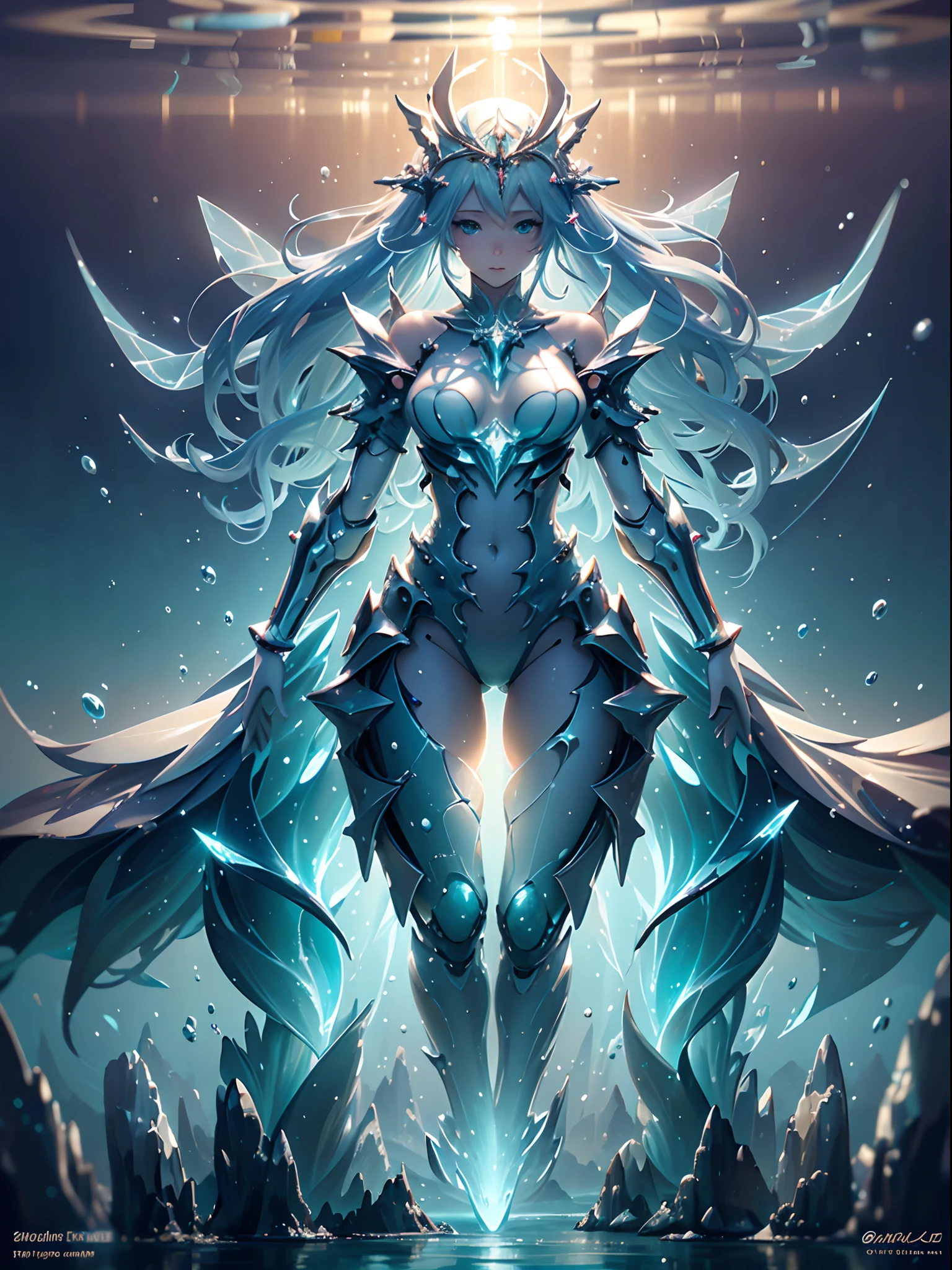 ((Need)), ((tmasterpiece)), (A detailed)),Futuristic translucent ethereal queen of the sea,Futuristic city and futuristic wonderland background of deep sea,Mechanical joints,Colorful rainbow,16k,UHD resolution,Simple composition,anatomy correct,Surreal dreams,Surrealist art fantasy style,Epic digital fantasy art style,Art germ, Broken glass, ((bubbly underwater scenery)) Radiant light octane rendering is highly detailed