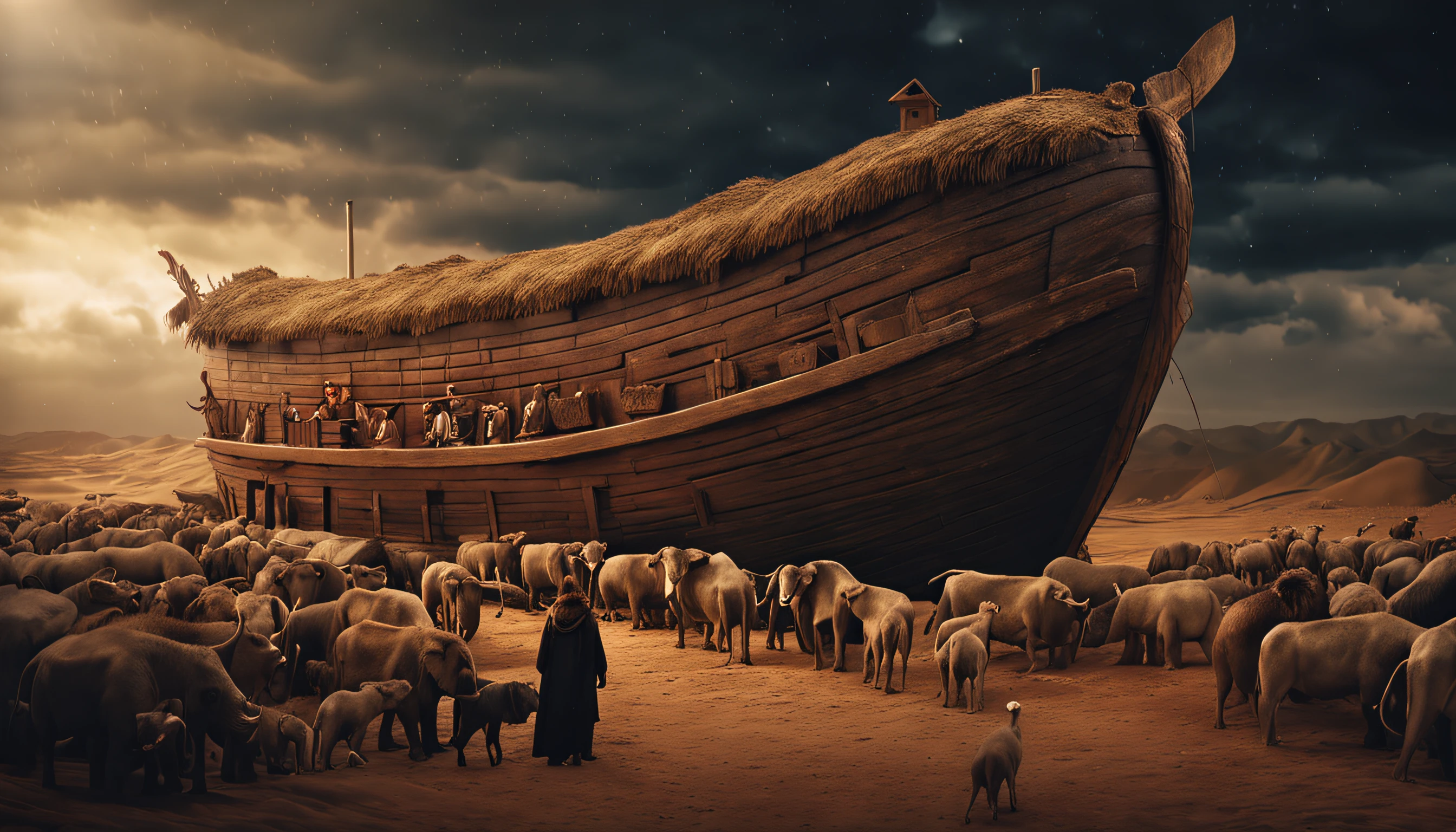 closeup on Noah next to the ark, Dark sky and many animals around the ark, ultrarrealista |