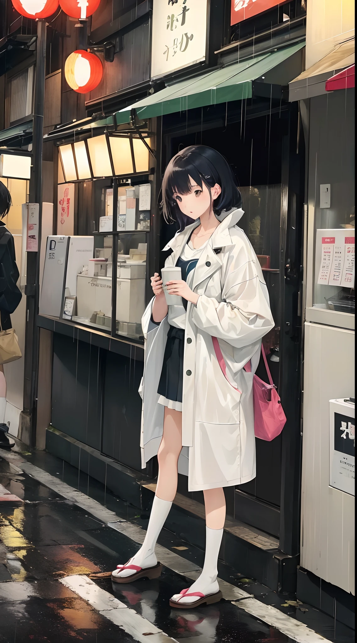 imagine a Japanese girl standing contemplating, on the sidelines Street corner in Japan, wearing a jacket, wearing a bag, it's raining, (Masterpice, Best quality, Official art, Beautiful aesthetics: 1.2), Very detailed, a scene from a movie