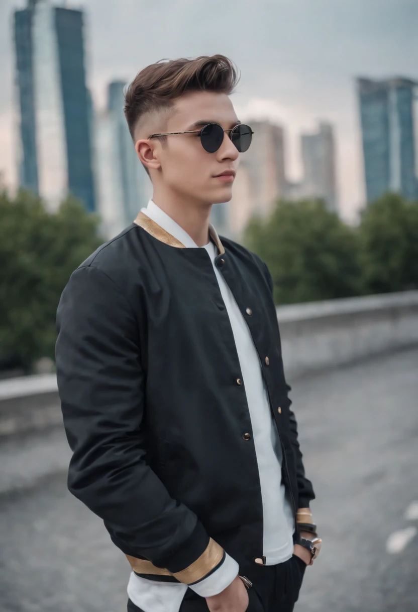 Cute Boy Blue Eyes Cropped Hair Graduated Glasses With Phone In Hand A White Sneaker Black Pants Black Shirt White Sports Jacket Leaning Against Futuristic City Flight With Gold Accessories On Body 8K
