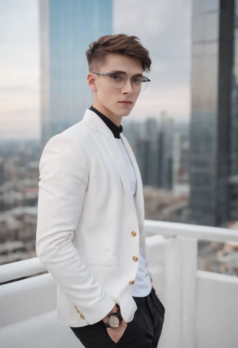 Cute Boy Blue Eyes Cropped Hair Graduated Glasses With Phone In Hand A White Sneaker Black Pants Black Shirt White Sports Jacket Leaning Against Futuristic City Flight With Gold Accessories On Body 8K