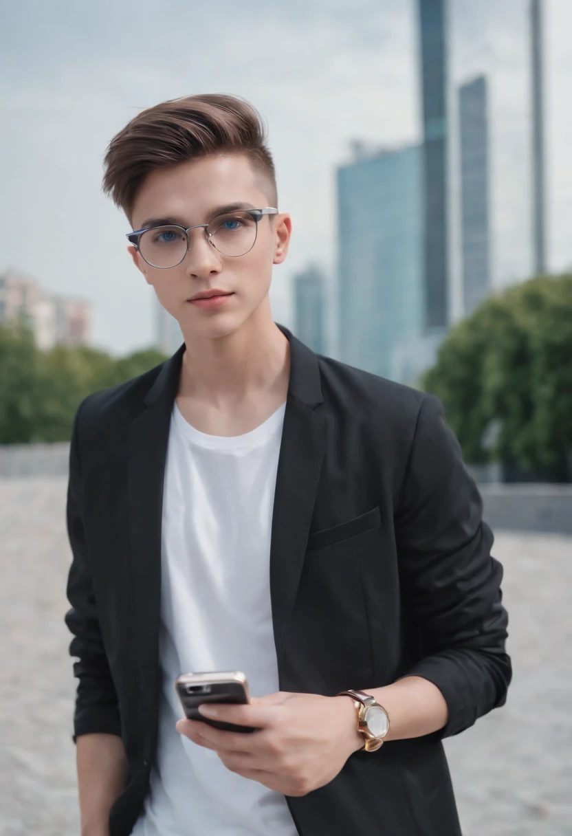 Cute Boy Blue Eyes Cropped Hair Graduated Glasses With Phone In Hand A White Sneaker Black Pants Black Shirt White Sports Jacket Leaning Against Futuristic City Flight With Gold Accessories On Body 8K