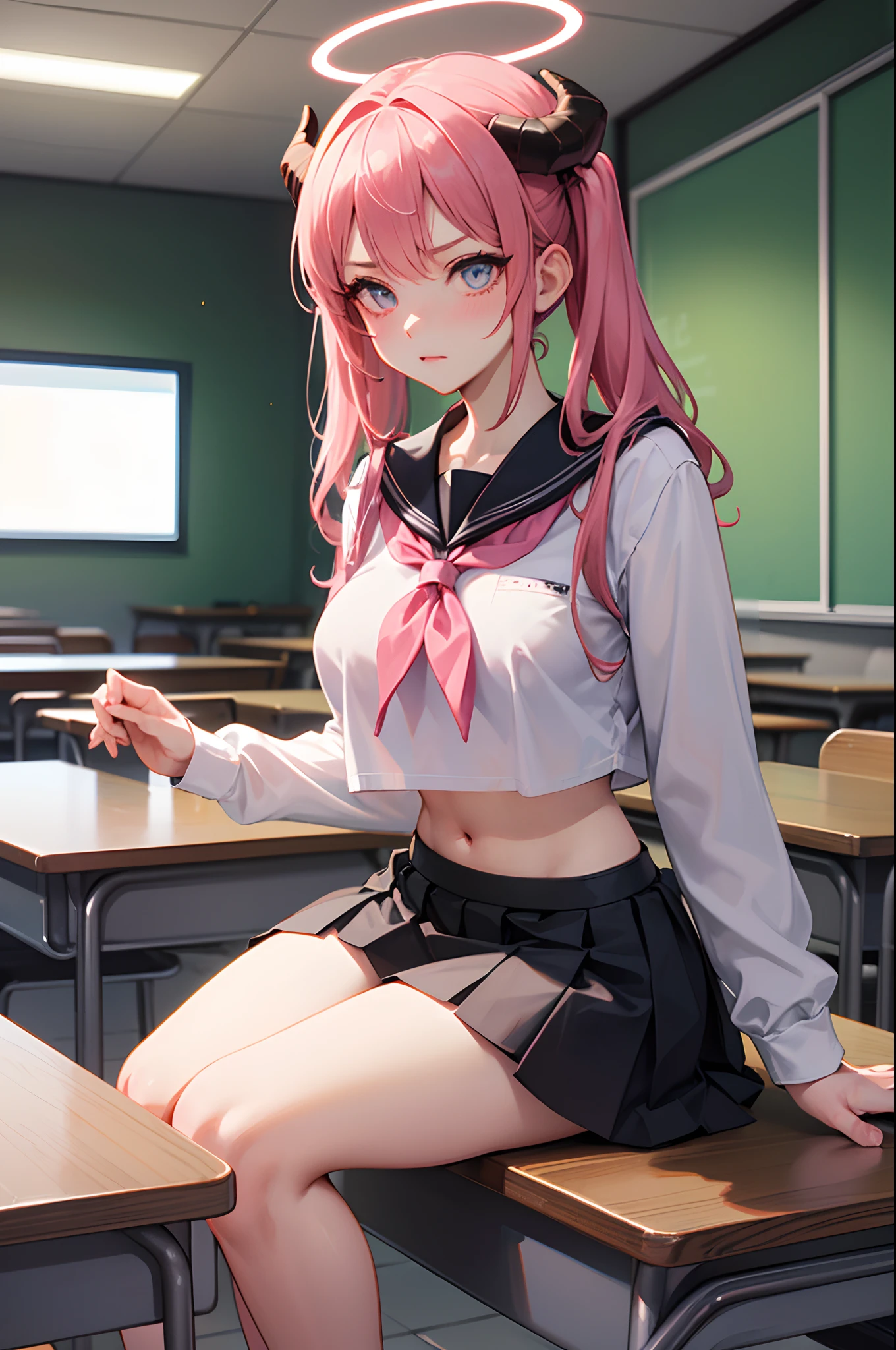 1girll, Break, pink twintails, Horns, Pink halo, Pink eyes, Perfect face, Break, Classroom, Break, (big round breasts), Succubus body, Break, (Black pink school uniform crop top top), (thongs), (Skirt), soft thighs, Break, sitting the desk, Break, Blushing, Angry, Cute, Break, 8K, Masterpiece, Best quality, high resolution, Unity 8k wallpaper,  (Beautiful detailed eyes:1.6), Extremely detailed face, Perfect lighting, Extremely detailed CG, (Perfect hands, Perfect anatomy)