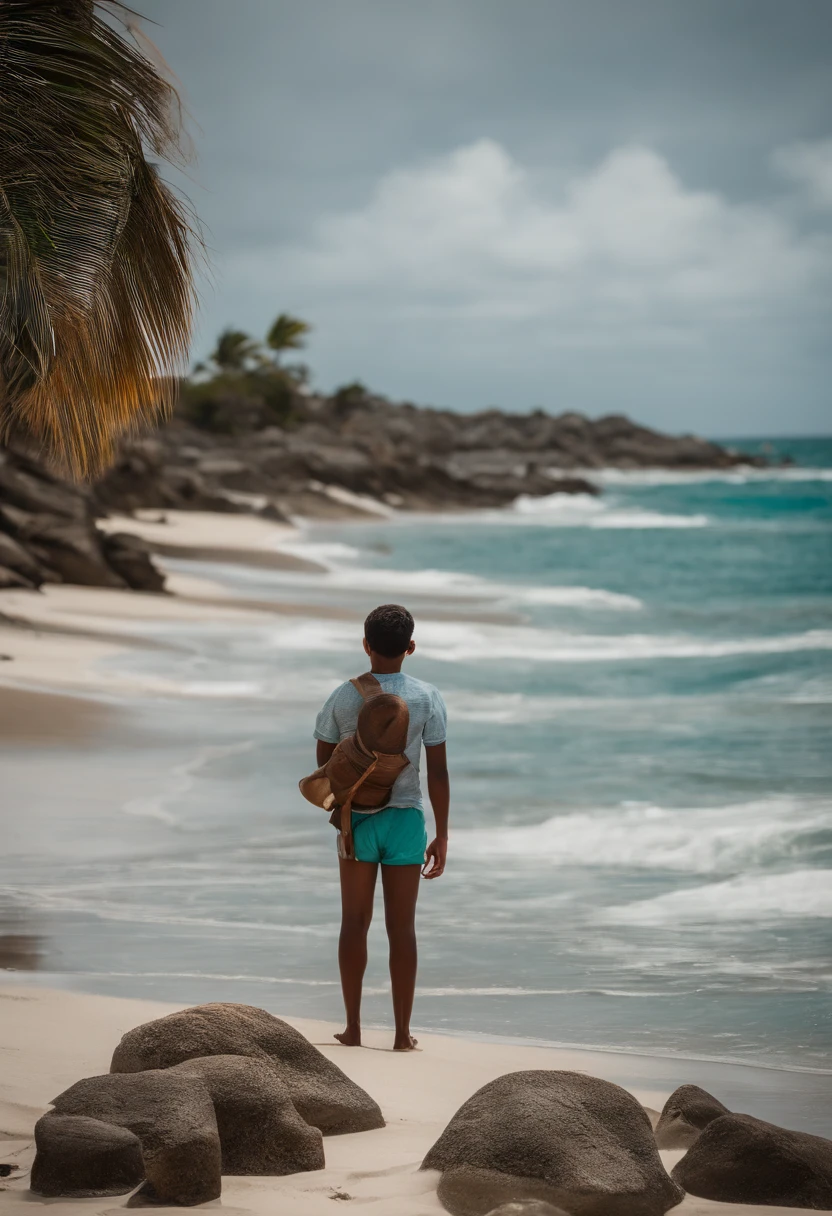 "Descreva um rapaz jovem em sua jornada de descoberta do mundo marinho. He's standing on a white sand beach, usando shorts azuis e uma camiseta branca, com o cabelo ao vento. In his right hand, He holds a pair of binoculars, while the left hand points to the horizon of the ocean. Her face reflects a mixture of curiosity and fascination, seus olhos se estreitando com entusiasmo. Around you, a praia se estende em uma bela paisagem costeira, with palm trees swaying in the wind and shells strewn across the sand. As ondas quebram suavemente na costa, and a colorful fishing boat is anchored nearby. The sky is a light blue, With some white clouds in the distance. Create a sense of wonder and exploration in this portrait of the young sea adventurer."