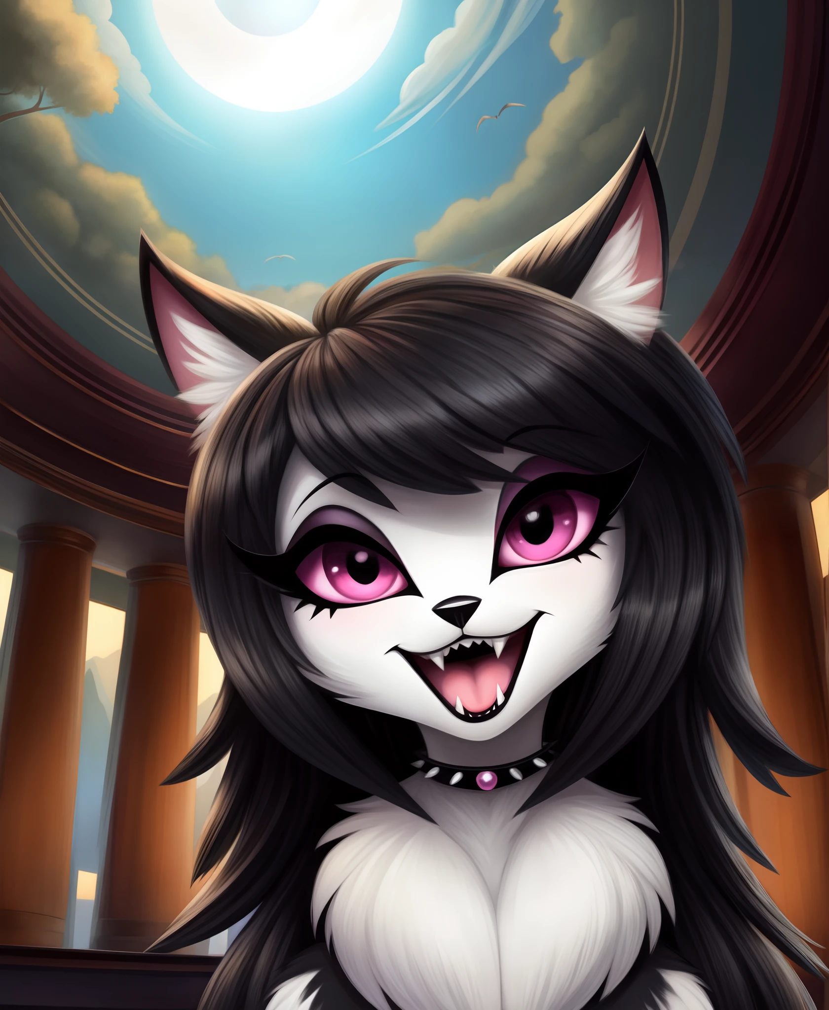 octavia_(helluva_boss), octavia furry, detailed and extremely fluffy body fur, masterpiece, looking up beautiful surroundings, detailed background, happy,