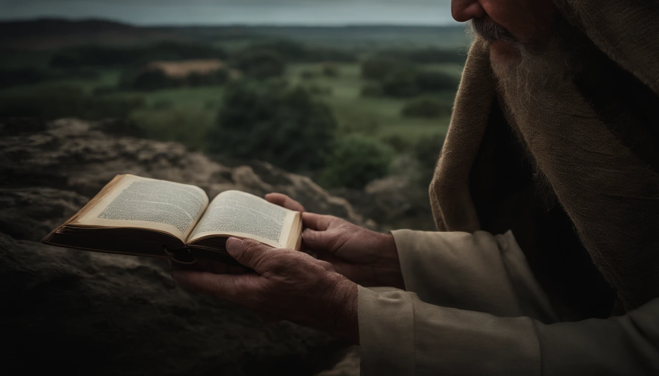 (Biblical times) On the left side of the image is an old man holding a luminous book in his hands, On the right side of the image is a scary demon (Biblical times) profundidade de campo, Bokeh, Realismo, fotorrealista, hiper-Realismo, fotografia profissional, 8k UHD , DSLR, HDR , piece of master, melhor qualidade, filme granulado, Pintura fotorrealista, Fujifilm XT3