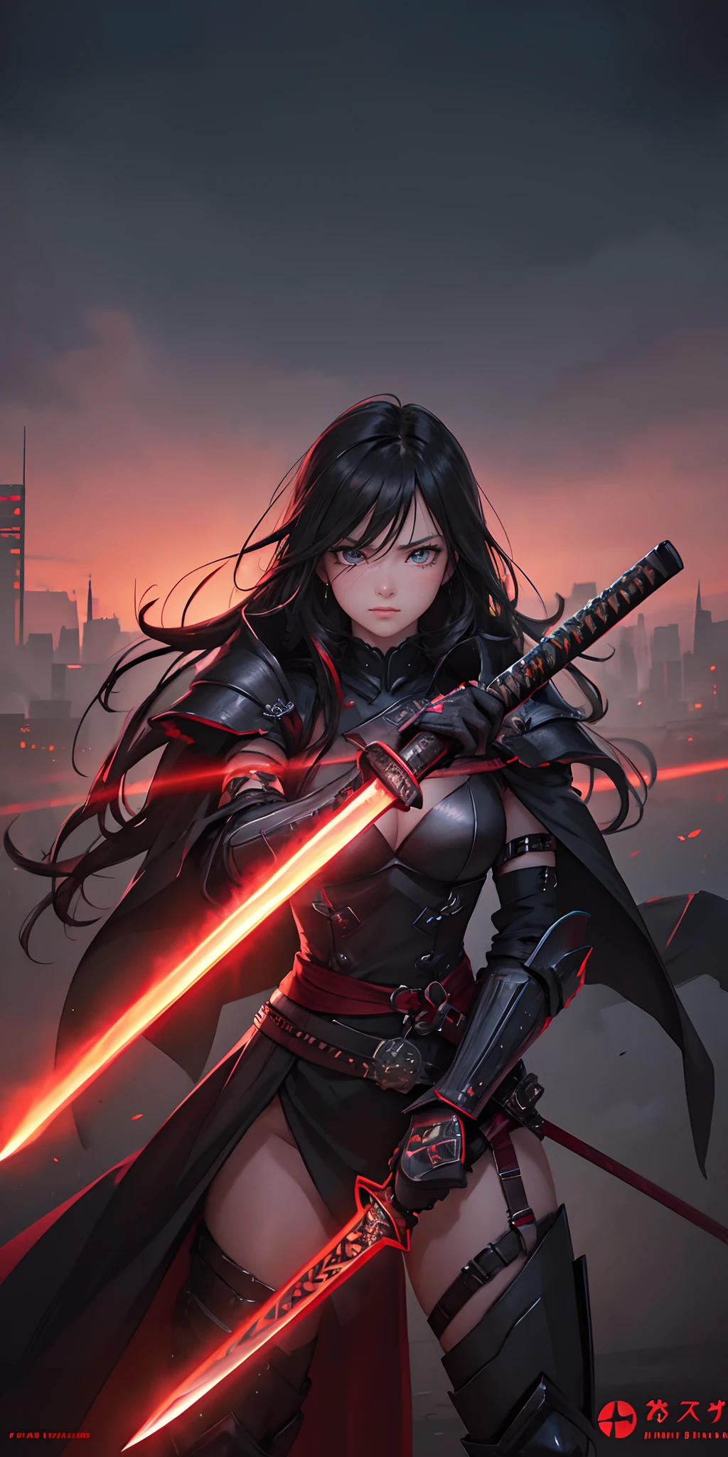 A fierce warrior, clad in sleek, ebony armor adorned with intricate crimson accents, stands defiantly on a precipice overlooking a sprawling, dystopian city. The warrior's crimson eyes blaze with determination, and their obsidian hair flows like a dark waterfall. The city below is a chaotic battleground, neon lights and smog painting a grim backdrop. The warrior's hand grips a gleaming, katana-like sword, poised for battle. Behind them, a crimson moon looms ominously in the smoky sky, casting an eerie glow. Best quality, intricate details, clean lines, eye-catching composition, soft tones, anime realism, capturing the essence of a lone hero's resolve against a world in turmoil, perfect illustration