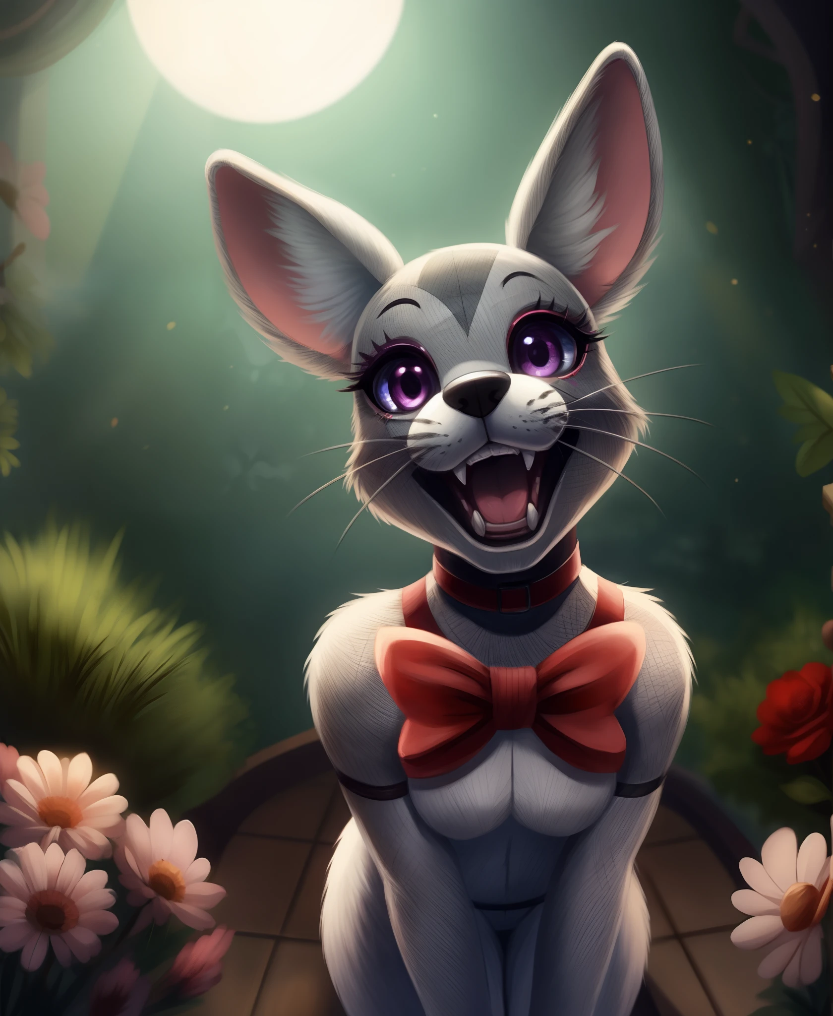 vanny_(fnaf), vanny furry, detailed and extremely fluffy body fur, masterpiece, looking up beautiful surroundings, detailed background, happy,
