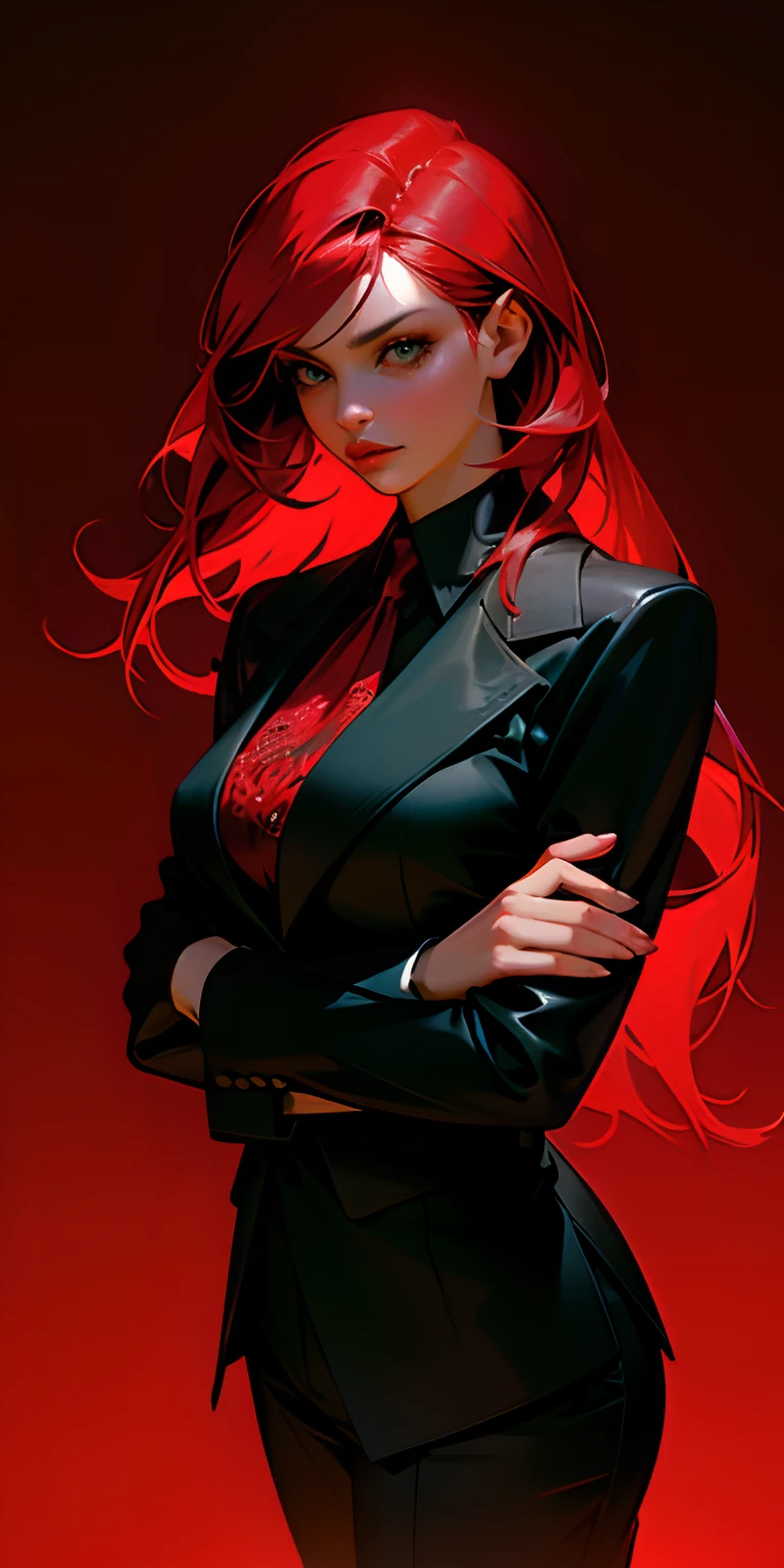 (best quality,highres,ultra-detailed),(realistic:1.37),mafia boss lady, gorgeous, lighting cigar, flowing red hair, ambient lighting, mysterious, full body, vivid colors, rich contrast, mysterious atmoshpere, intricate suit outfit