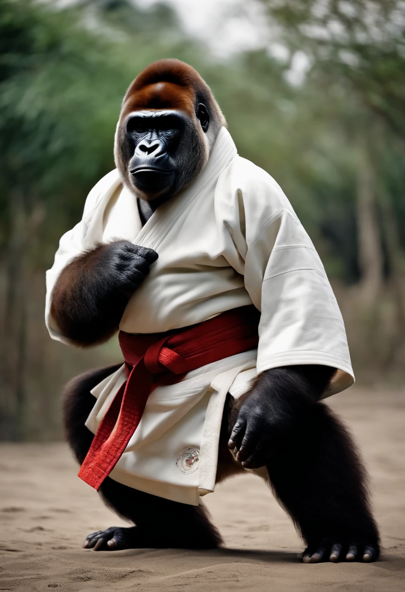 A strong standing gorilla dressed in a white judo kimono
