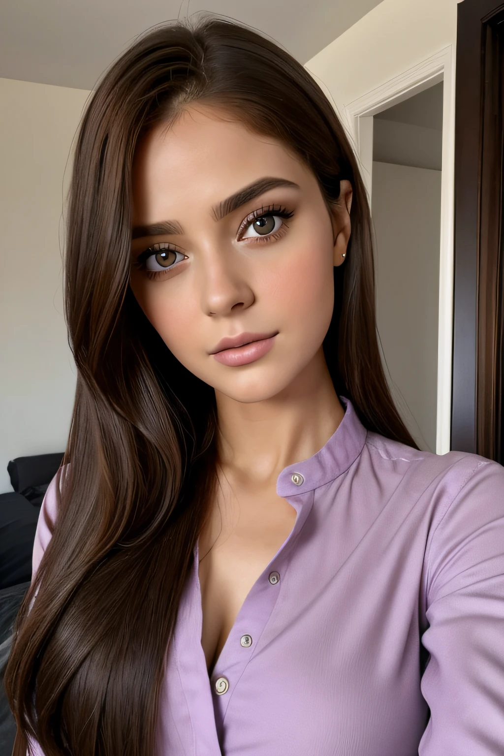 realistic,arafed woman, sexy girl with brown eyes, ultra realistic, meticulously detailed, portrait scarlet johnson, brown hair and large eyes, selfie of a young woman, dubai eyes, violet myers, without makeup, natural makeup, looking directly at the camera, subtle makeup, in bedroom, medium size bust,black shirt