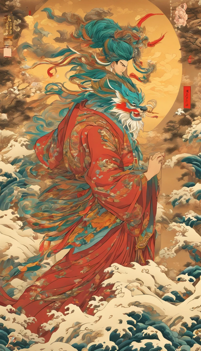 (((Houyi))) melhor qualidade, ultra-high resolution, CG detalhado 4K, piece of master,Homem, Chinese god,Roupas chinesas, mitologia chinesa, ((arco nas costas)),Estilo de pintura chinesa,Shui Mo Hua ,Estilo Thangka, Ukiyo-e Aesthetic Painting, centrada na tela