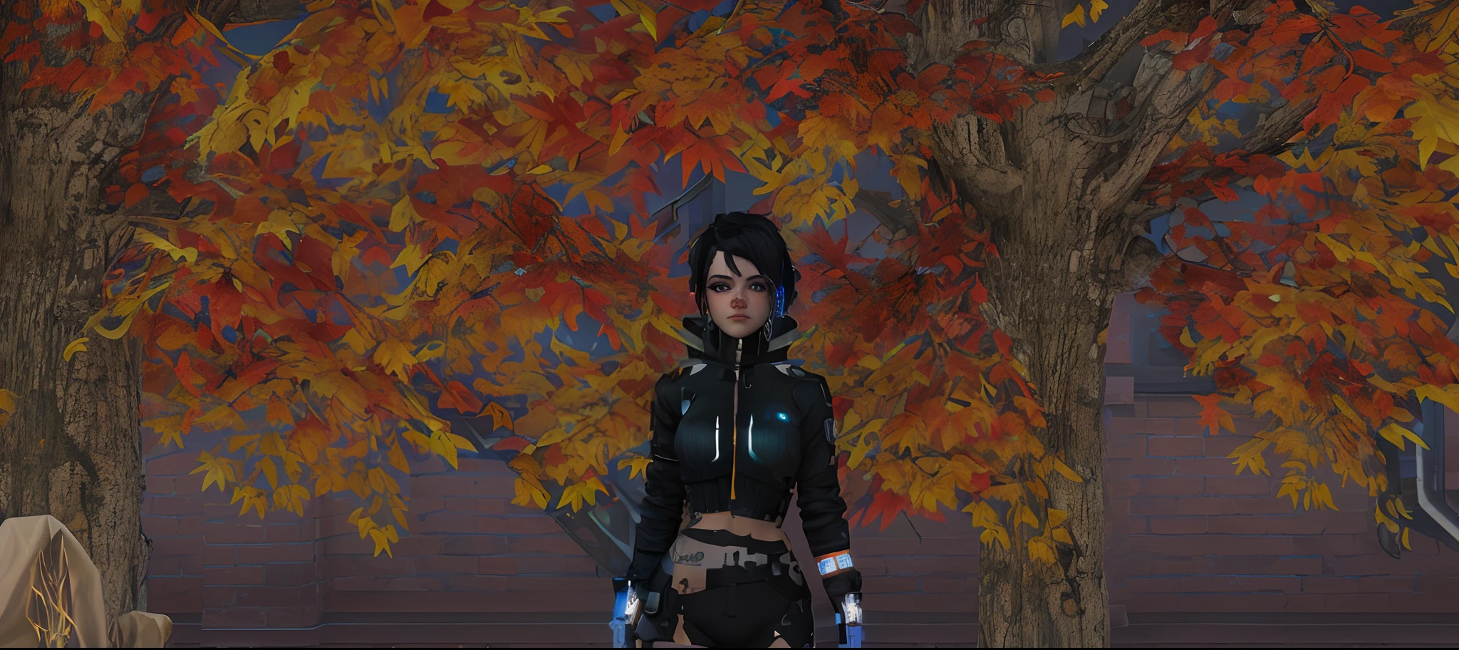there is a woman standing in front of a tree with a gun, cyberpunk in foliage, cyber punk setting, cyberpunk style outfit, cyberpunk outfit, 🍁 cute, black fire color reflected armor, 🍂 cute, chrome outfit, jet black haired cyberpunk girl, cyber universe style, mechanic punk outfit, dystopian scifi outfit, second life avatar, orange and brown leaves for hair