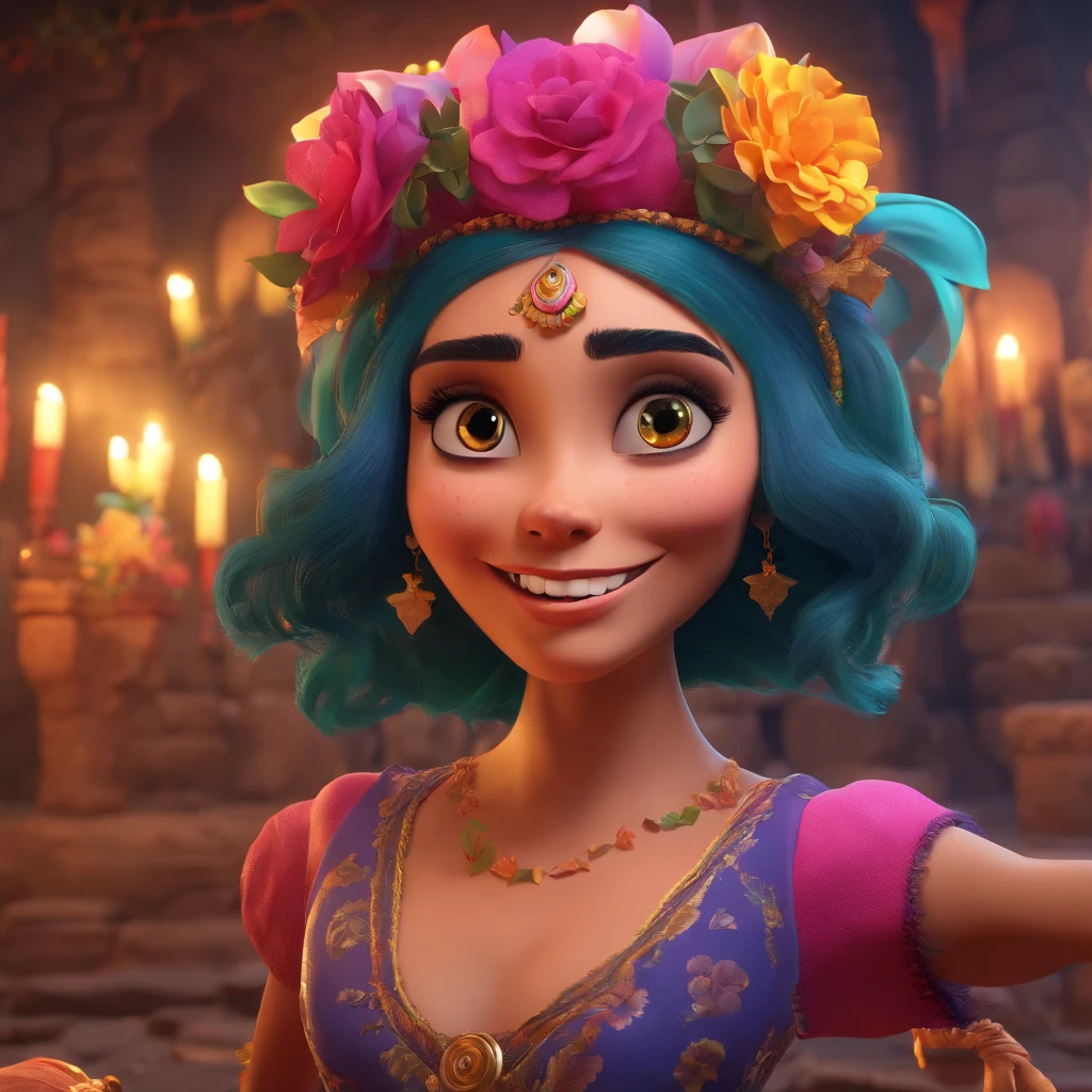 (best quality,4k,8k,highres,masterpiece:1.2),ultra-detailed,(realistic,photorealistic,photo-realistic:1.37),Pequena caveira, Estilo Disney Pixar, running through the graveyard and jumping over tombstones, vibrant colors, youthful energy, animated spirit, lively atmosphere, magical setting, dynamic motion, whimsical expressions, captivating storytelling, playful mood, enchanting adventure, cinematic composition, detailed skull, expressive eyes, whimsical smile, exaggerated facial features, colorful costumes and accessories, stylized animation, vibrant and charming characters, atmospheric lighting, hauntingly beautiful background, mystical ambiance