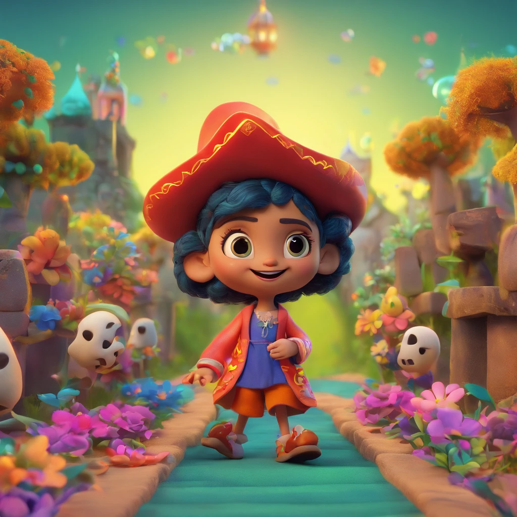 (best quality,4k,8k,highres,masterpiece:1.2),ultra-detailed,(realistic,photorealistic,photo-realistic:1.37),Pequena caveira, Estilo Disney Pixar, running through the graveyard and jumping over tombstones, vibrant colors, youthful energy, animated spirit, lively atmosphere, magical setting, dynamic motion, whimsical expressions, captivating storytelling, playful mood, enchanting adventure, cinematic composition, detailed skull, expressive eyes, whimsical smile, exaggerated facial features, colorful costumes and accessories, stylized animation, vibrant and charming characters, atmospheric lighting, hauntingly beautiful background, mystical ambiance