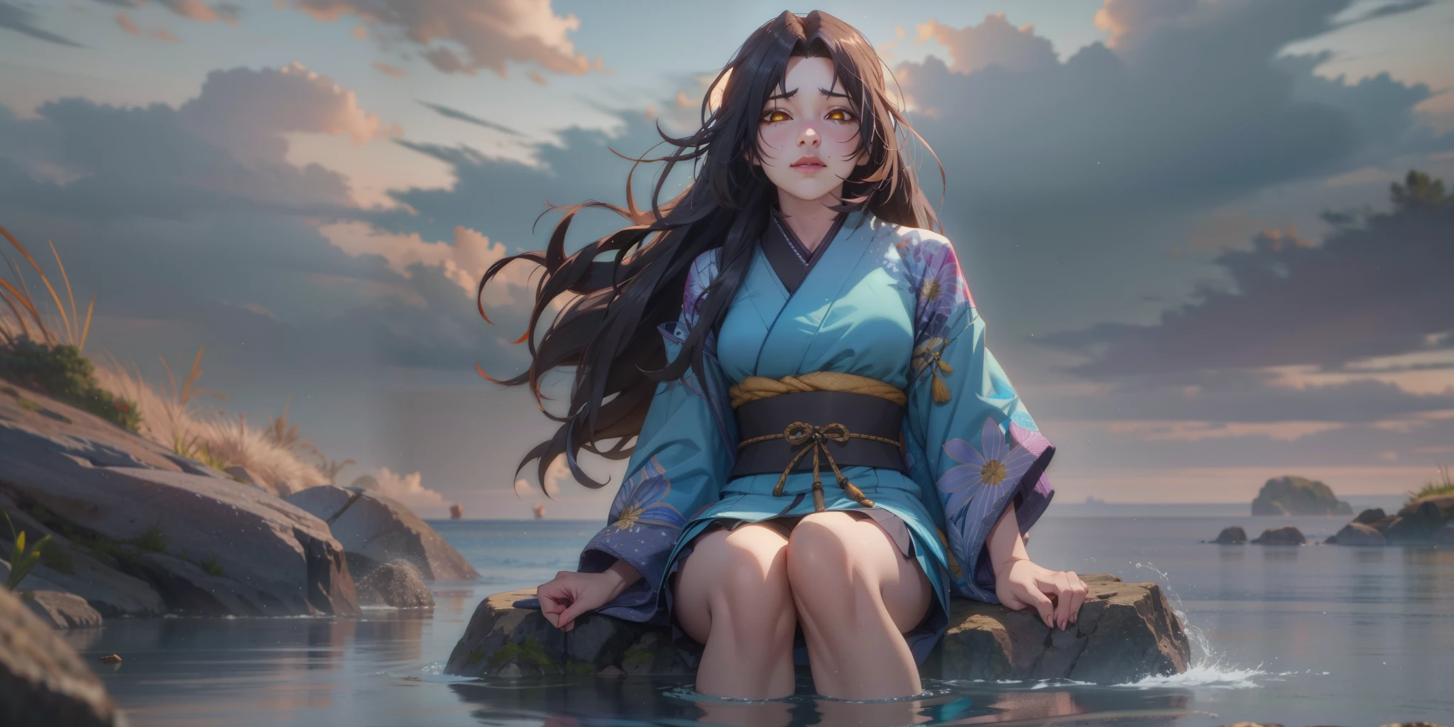 (black hair, long hair:1.7), yellow eyes, glowing eyes, 1girl, kimono, japanese_clothes, water, sitting, sky, solo, sash, wide_sleeves, facing_viewer, long_sleeves, starry_sky, breasts, blue_kimono, star_(sky), obi, outdoors, cloud, blush, ocean, glow effects, godrays, Hand drawn, render, 8k, octane render, cinema 4d, blender, dark, atmospheric 4k ultra detailed, cinematic, Sharp focus, big depth of field, Masterpiece, colors, 3d octane render, 4k, concept art, trending on artstation, hyperrealistic, Vivid colors, extremely detailed CG unity 8k wallpaper, trending on CGSociety, Intricate, High Detail, dramatic,