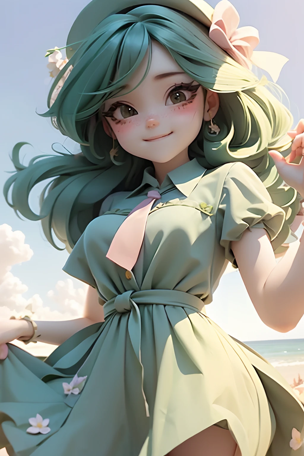 lolli girl in princess long dark green emerald dress with flower style, dark green hair, cute smile , cap, cute ribbons, necktie, beach summer