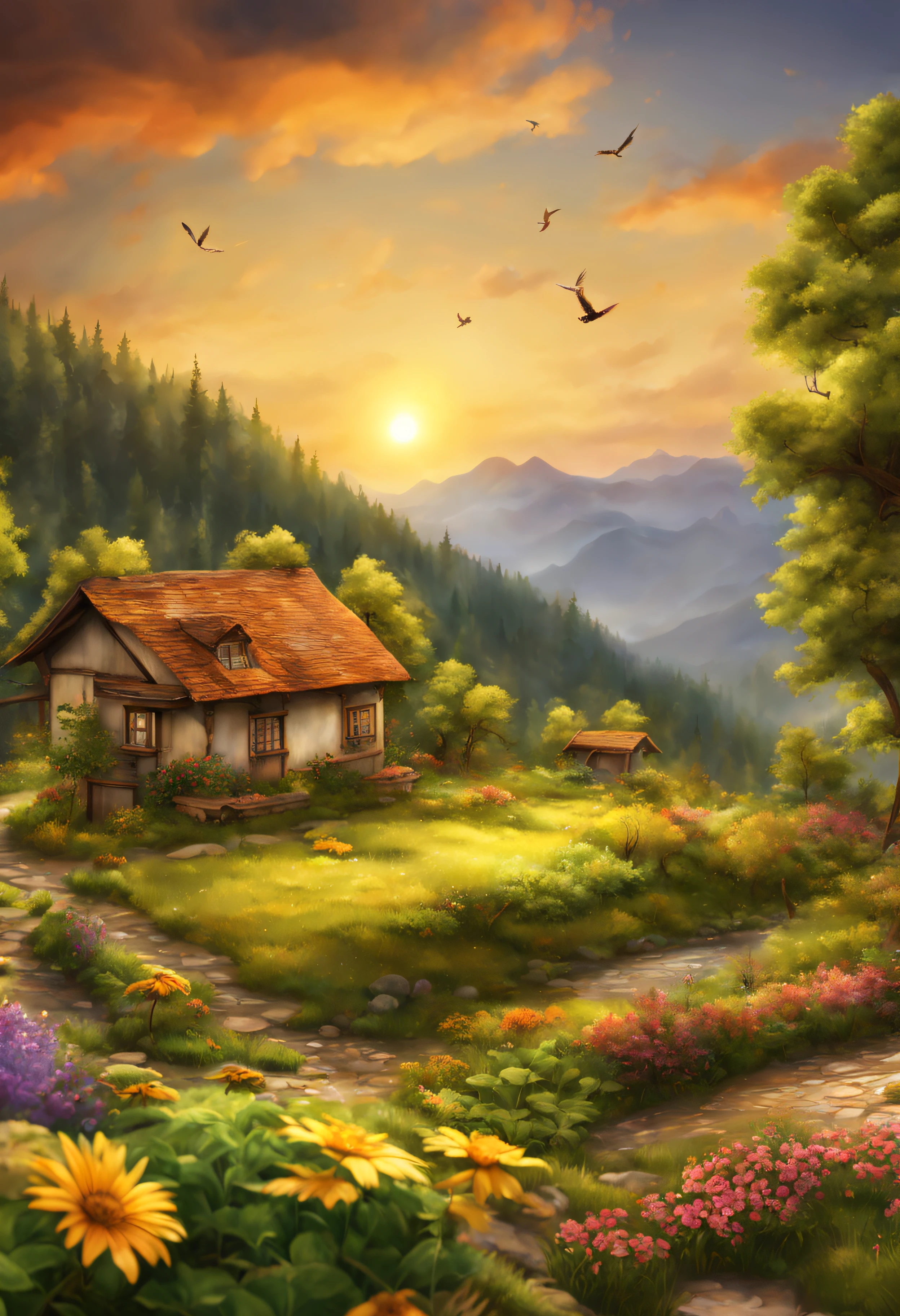Beautiful rustic landscape with forest and mountains in the background, (Best Quality, 4k, hight resolution, Ultra-detailed), Realistic, Vivid colors, studio lightning, HDR, bokeh, sharp-focus, physical based rendering, (Artistic Landscape:1.2), Detailed houses and cottages, Winding cobbled roads, Bright flower beds, Tall trees with lush foliage, Snow-capped mountains in the distance, peaceful atmosphere, A golden sunset casts a warm glow on the stage, (Tranquil, Serene:1.1), Birds, flying overhead, (Nature, Beauty:1.2)