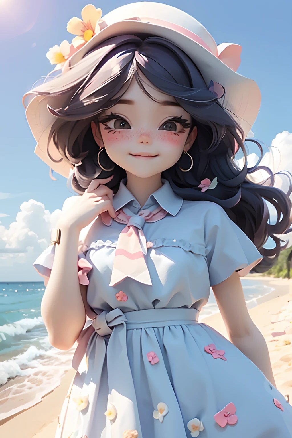lolli girl in princess long blue dress with flower style, dark blue hair, cute smile , cap, cute ribbons, necktie, beach summer