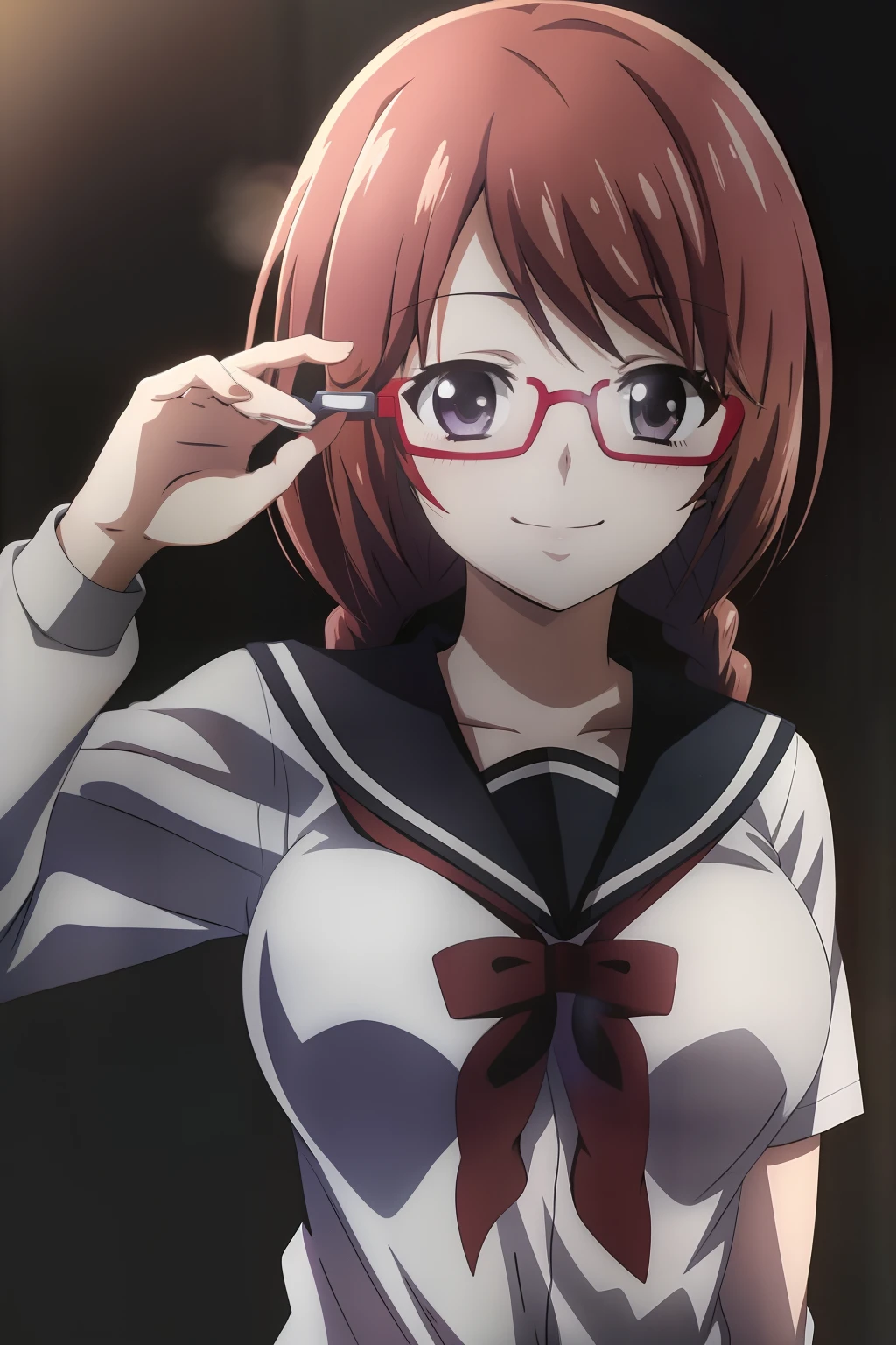 1girl, masterpice, high quality, best quality, good anime picture, misaki, ((school uniform)), ((serafuku)), glasses, twin braids, ((collar)), hair ornament, upper body, big breasts, dynamic light and shadows, smile, (adjusting eyewear:1.2), multicolor outfit,