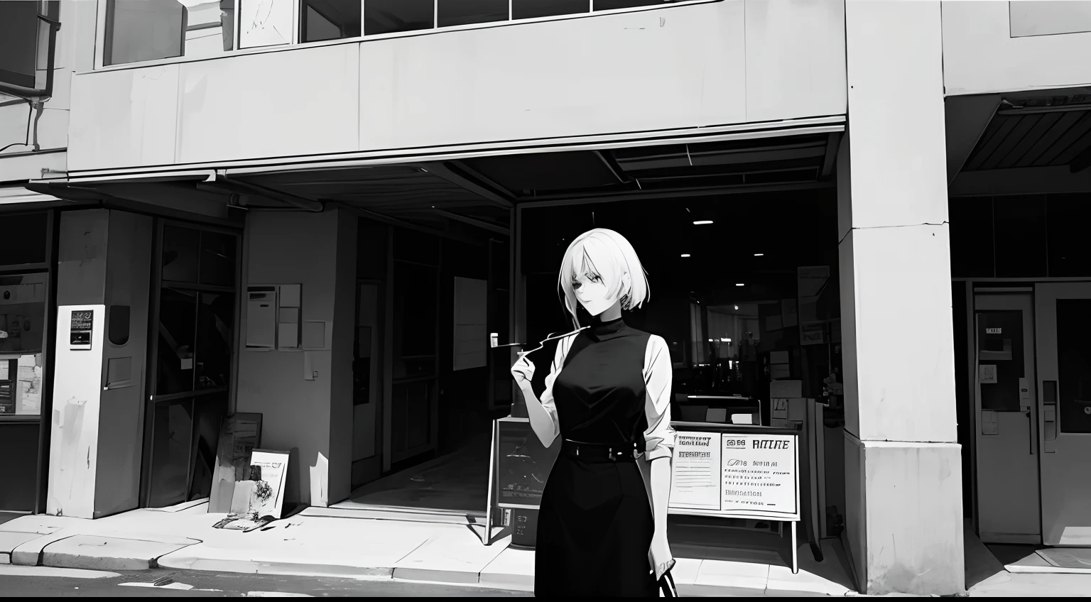 a women, smoking a cigarette, in the deserted local city, monochrome, abstract painting