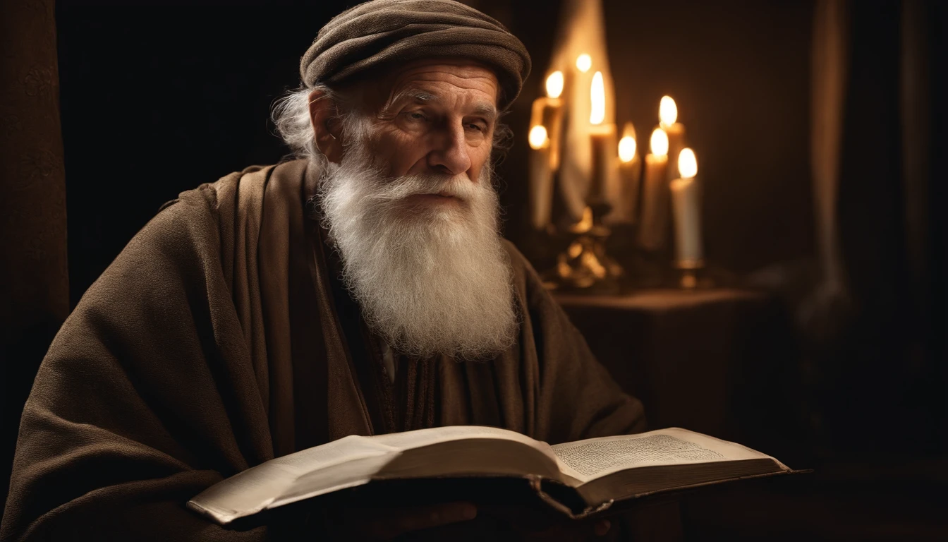 (biblical times) OLD MAN, 80 YEARS OLD, BEARD, HOLDING THE BIBLE, DARK BACKGROUND, Realism, photorealistic, hyper-Realism, professional photography, 8k UHD, DSLR, HDR, master piece, best quality, grainy film, Photorealistic painting, Fujifilm XT3